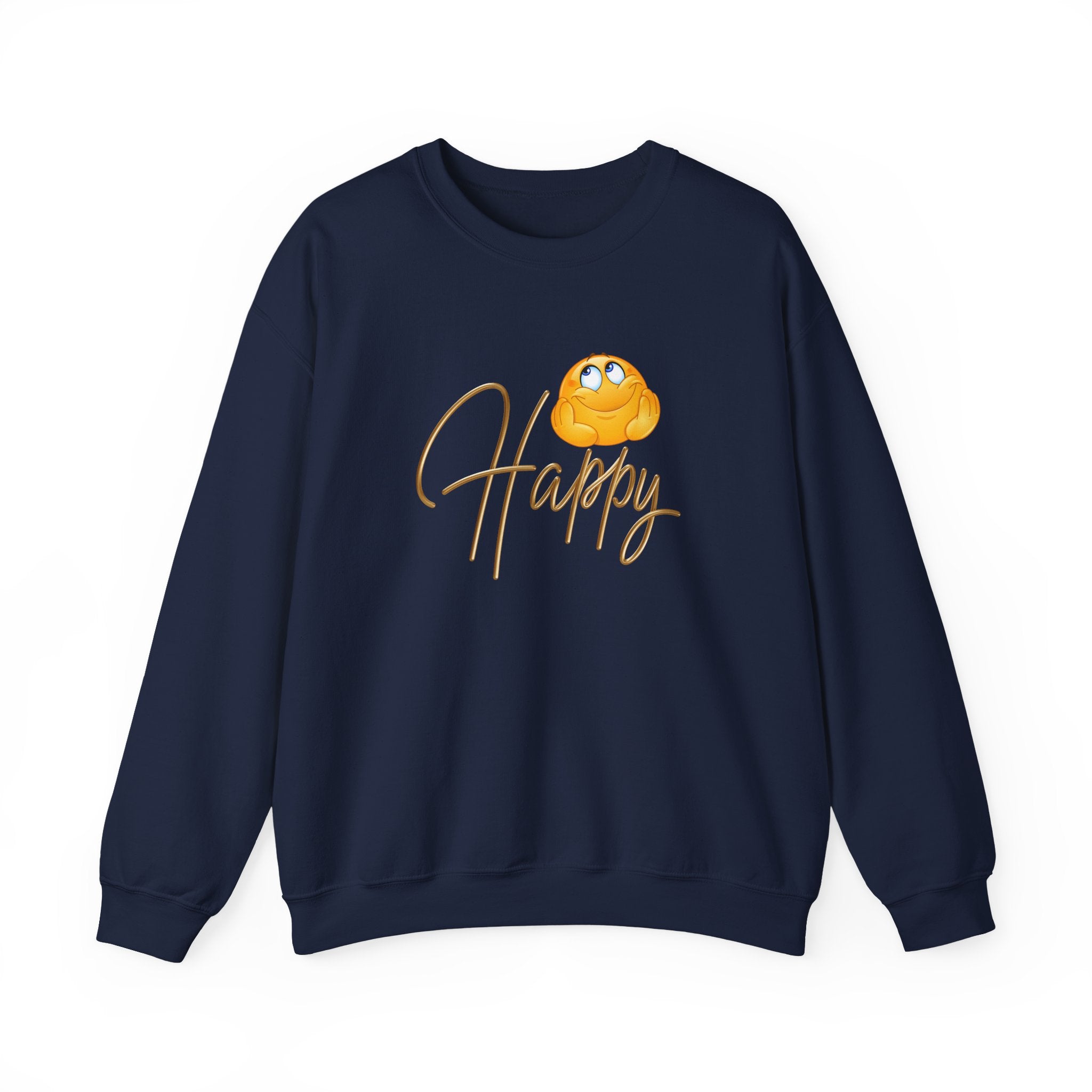 Navy blue sweatshirt with a yellow emoji and 'Happy' text on a white background