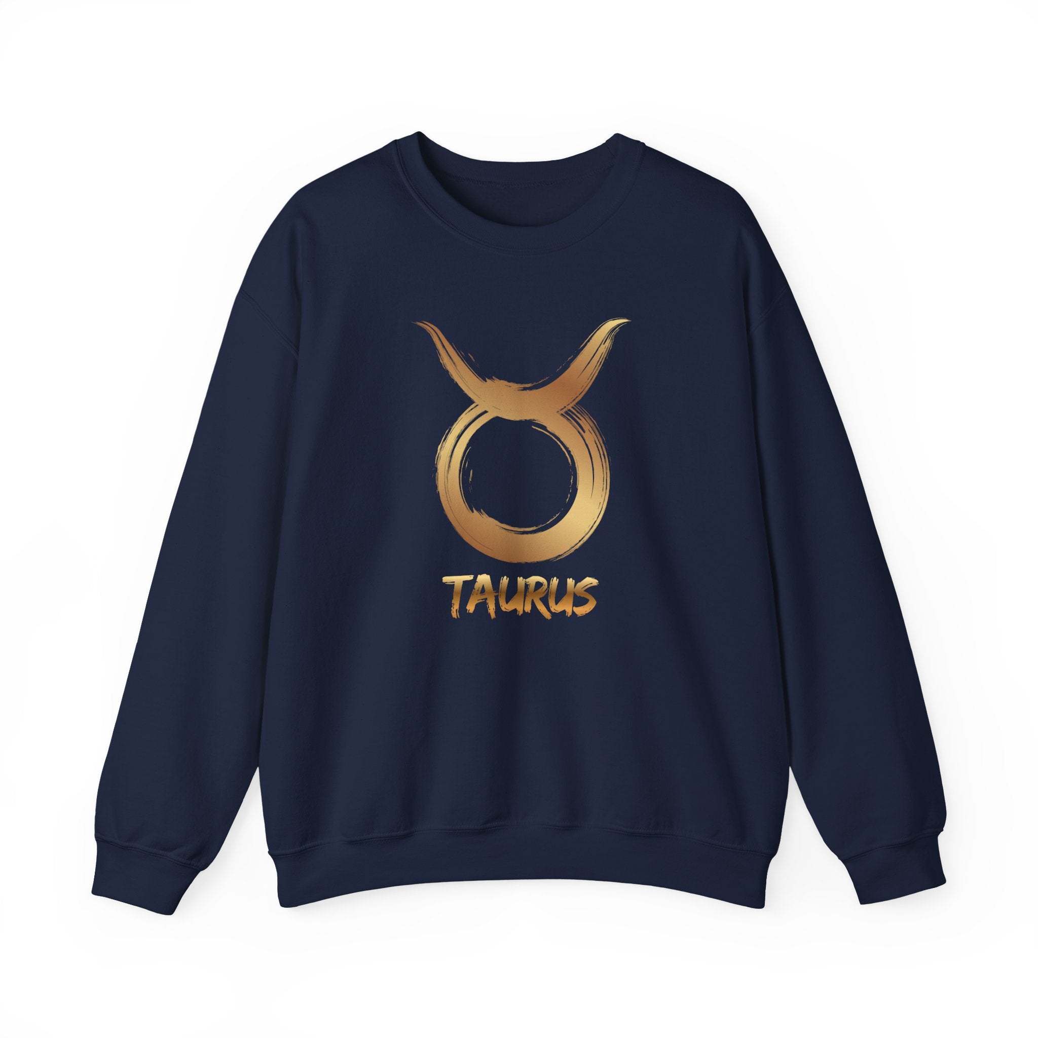 Navy blue sweatshirt with gold Taurus symbol and text on a white background