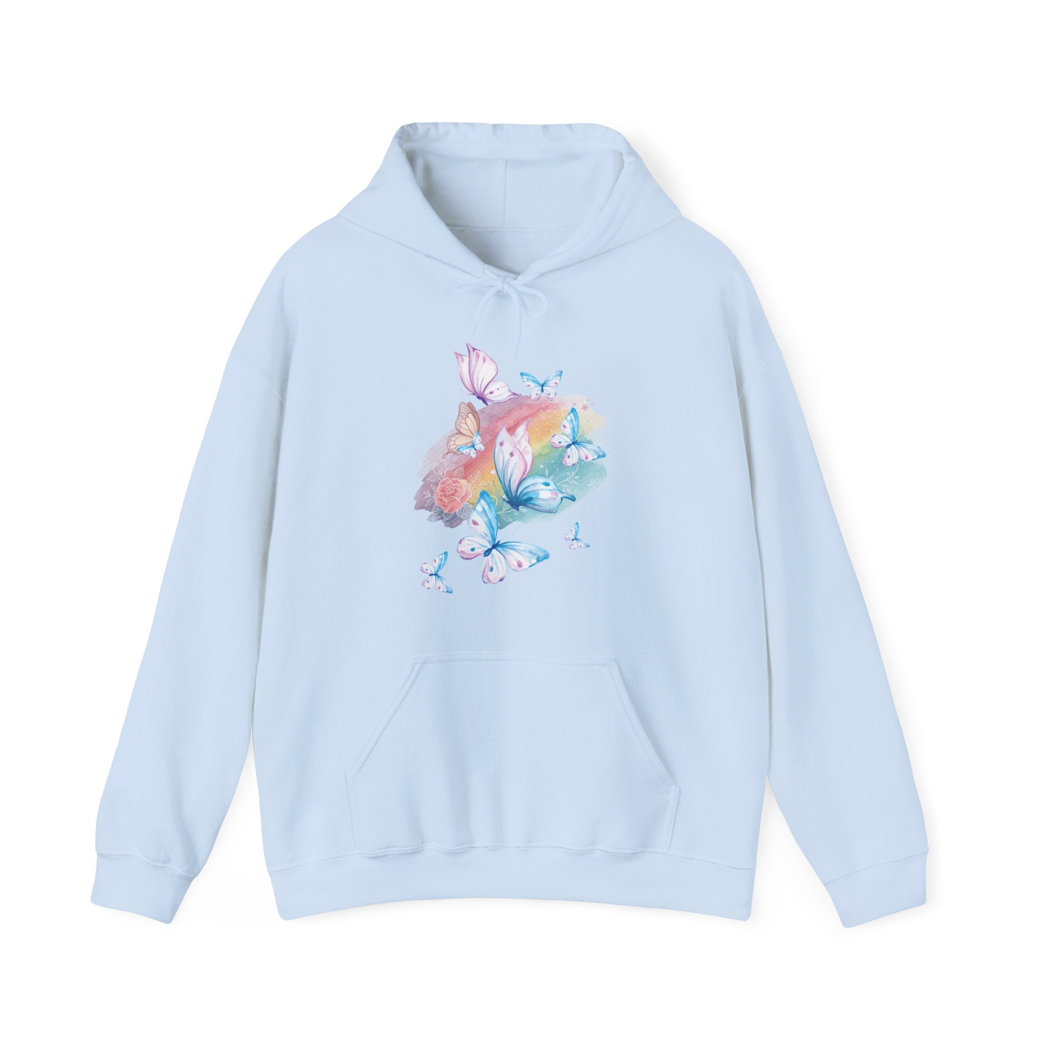 Light blue hoodie with colorful butterfly design on a white background