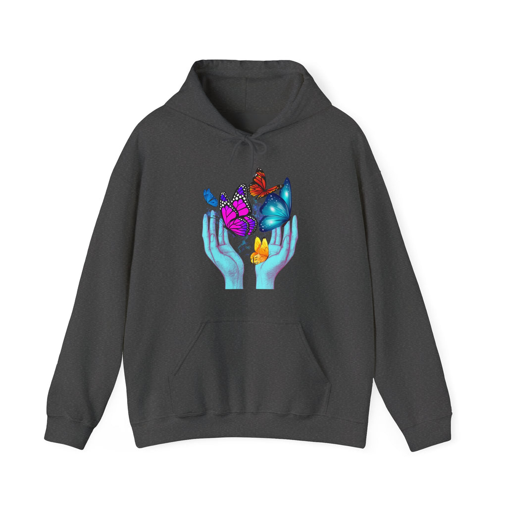 Dark gray hoodie with a butterfly and hand design on a white background