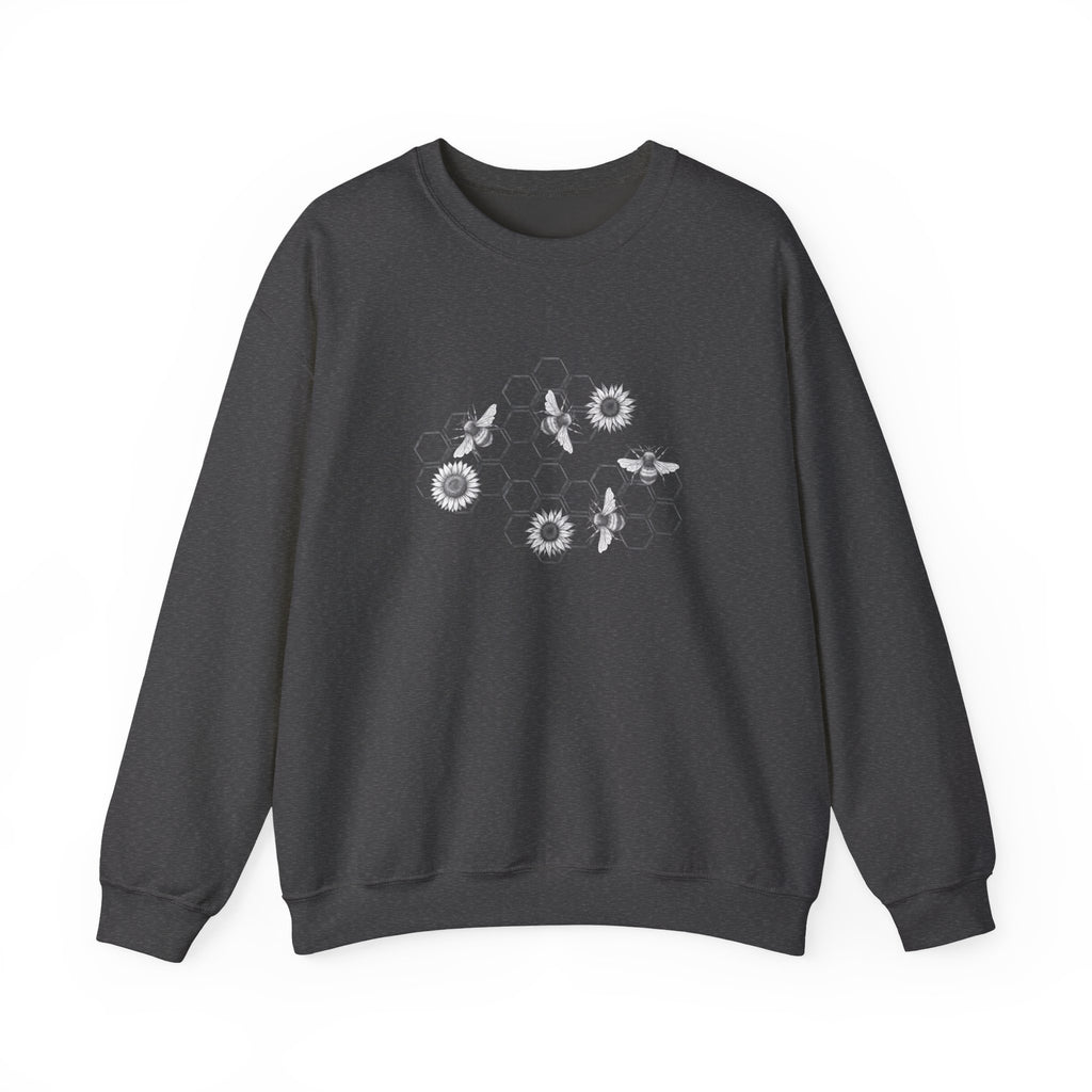 Gray sweatshirt with bee and flower pattern on a white background
