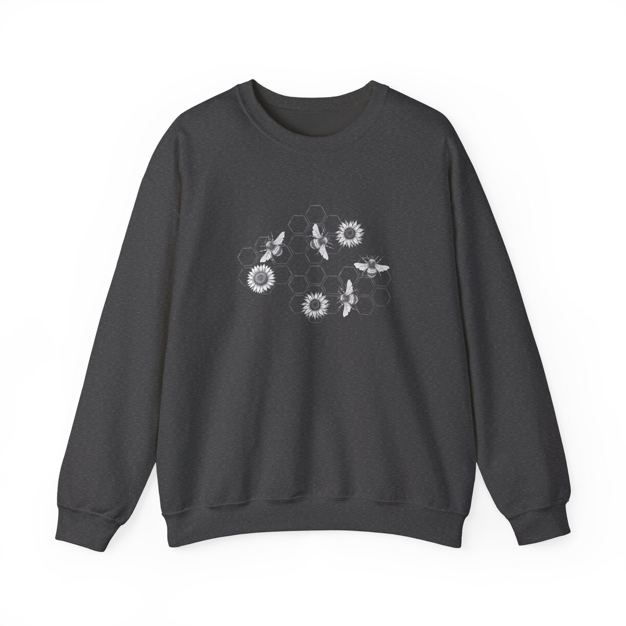 Gray sweatshirt with bee and flower pattern on a white background