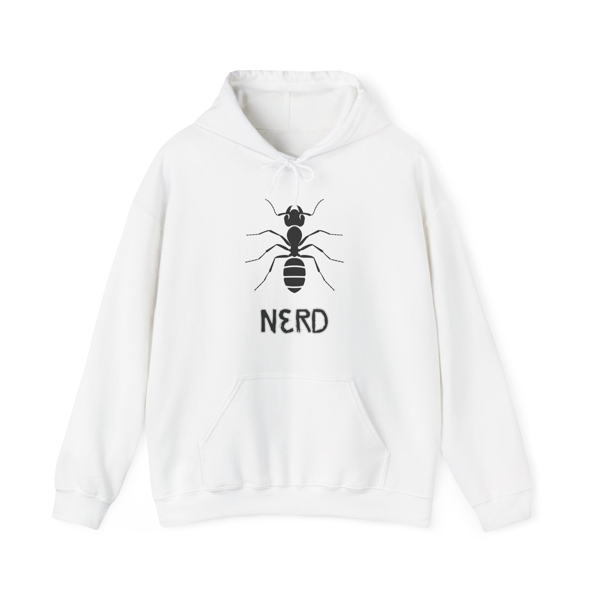 White hoodie with ant and 'NERD' text design on a white background
