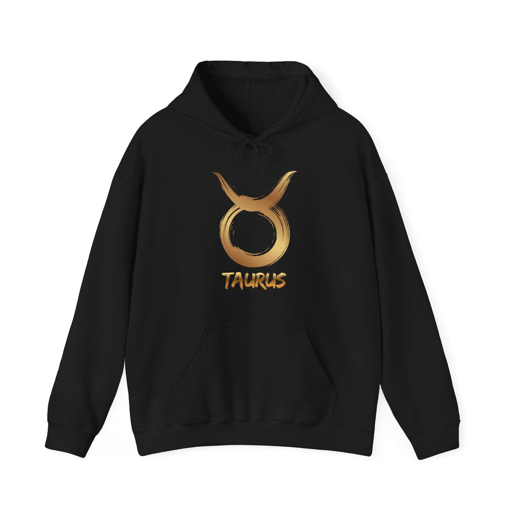 Black hoodie with gold Taurus zodiac symbol on a white background