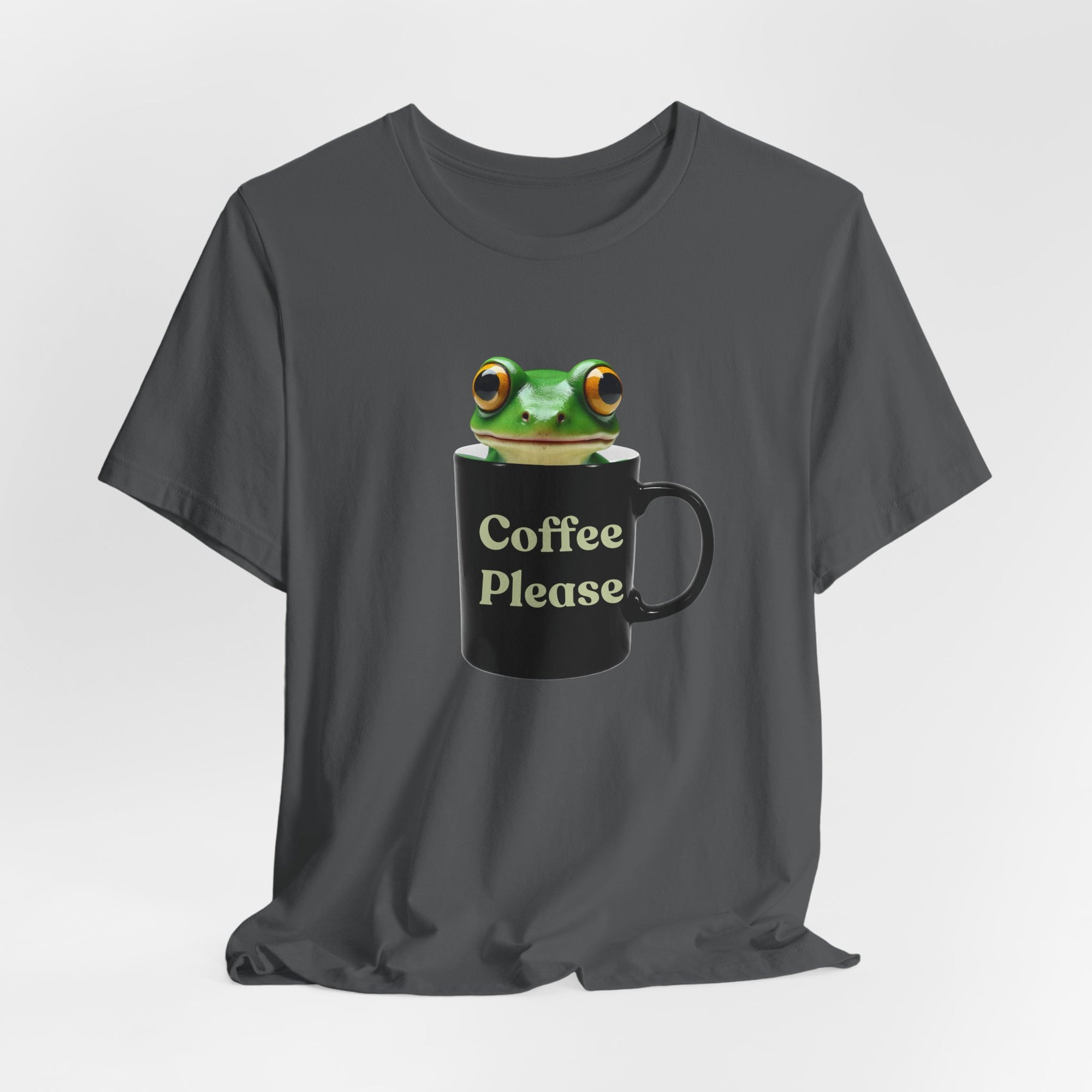 Cute Frog Inside Mug T-Shirt – "Coffee Please" Quote Graphic Tee for Coffee Lovers, Funny Frog with Mug Shirt, Gift for Caffeine Addicts