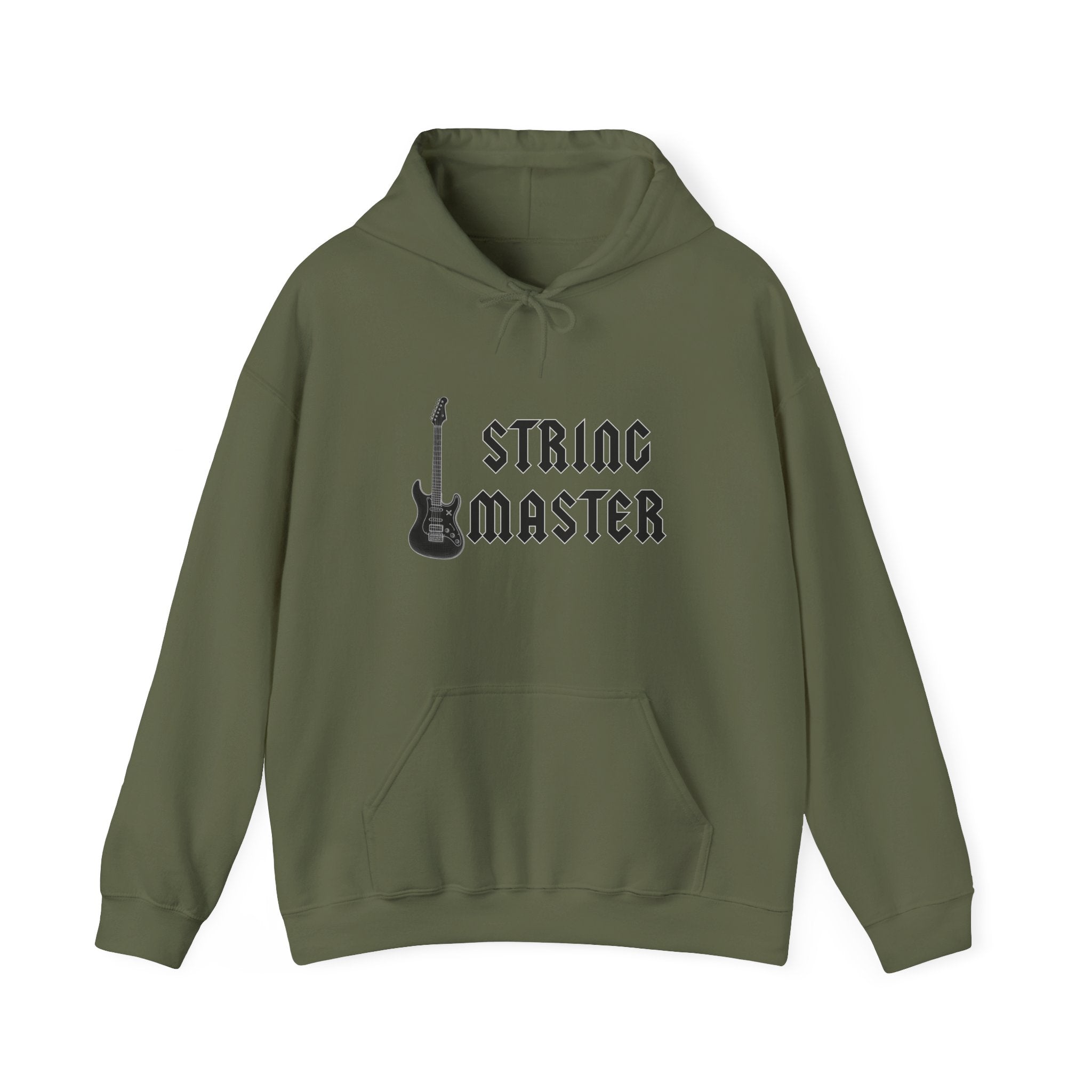 Green hoodie with 'String Master' text and guitar graphic on a white background