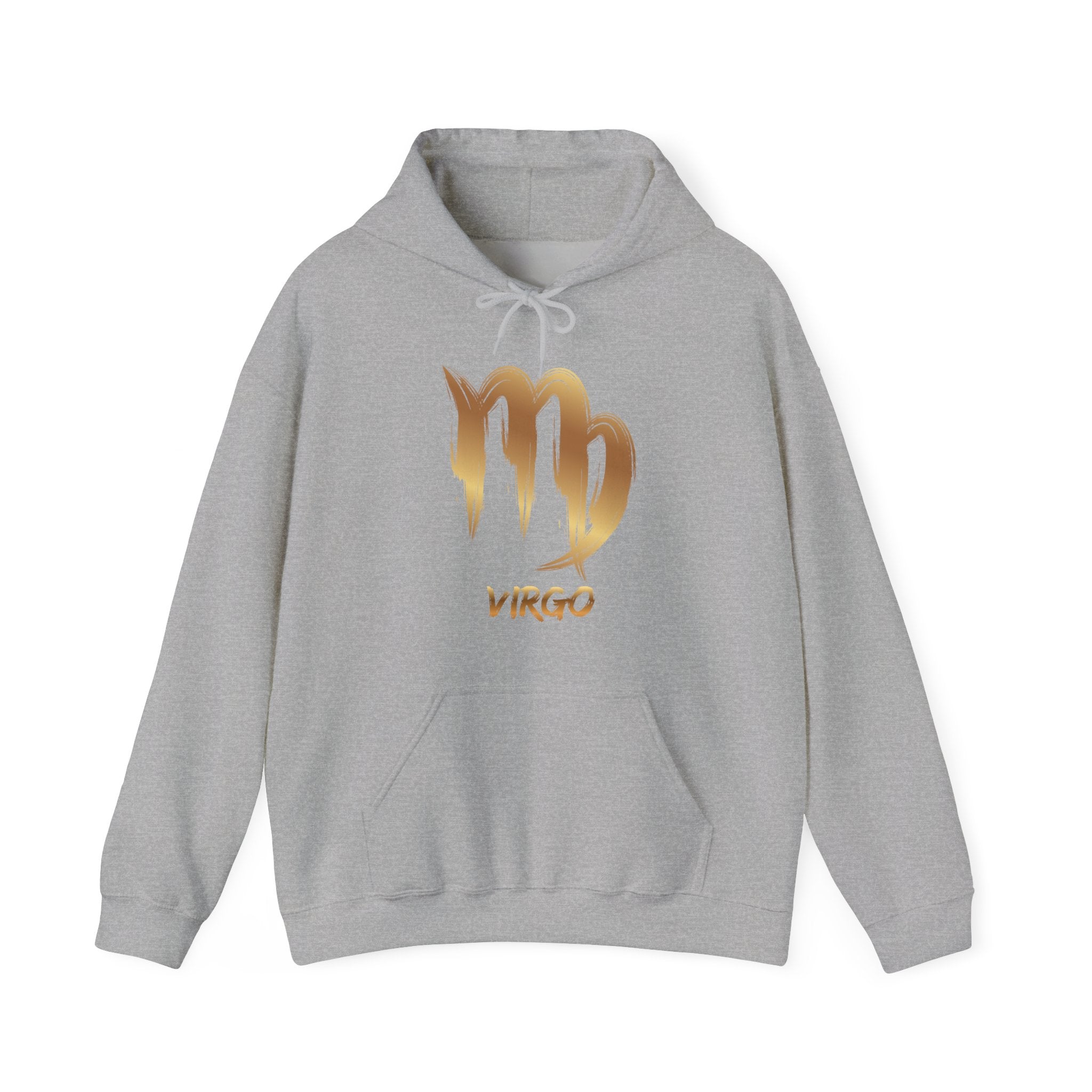 Gray hoodie with gold Virgo zodiac symbol on a white background