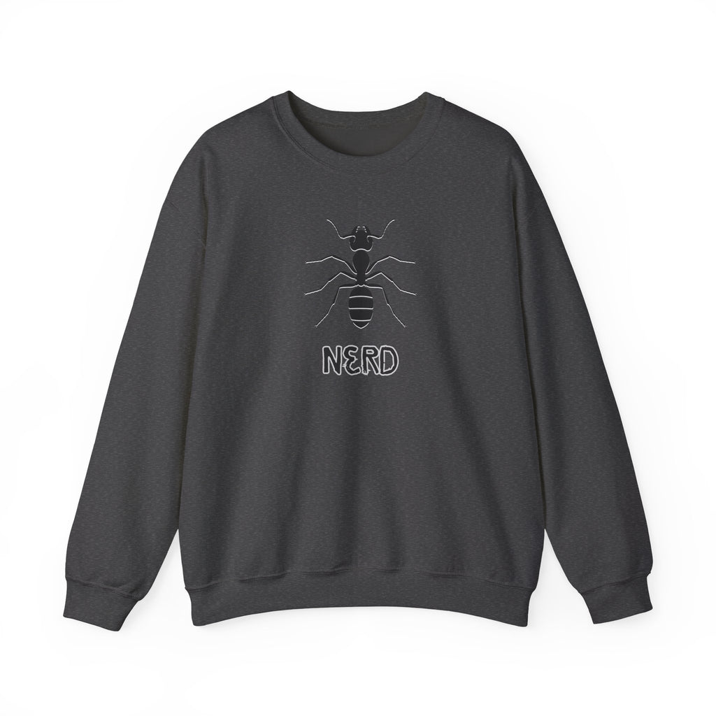 Dark gray sweatshirt with ant graphic and 'NERD' text on a white background