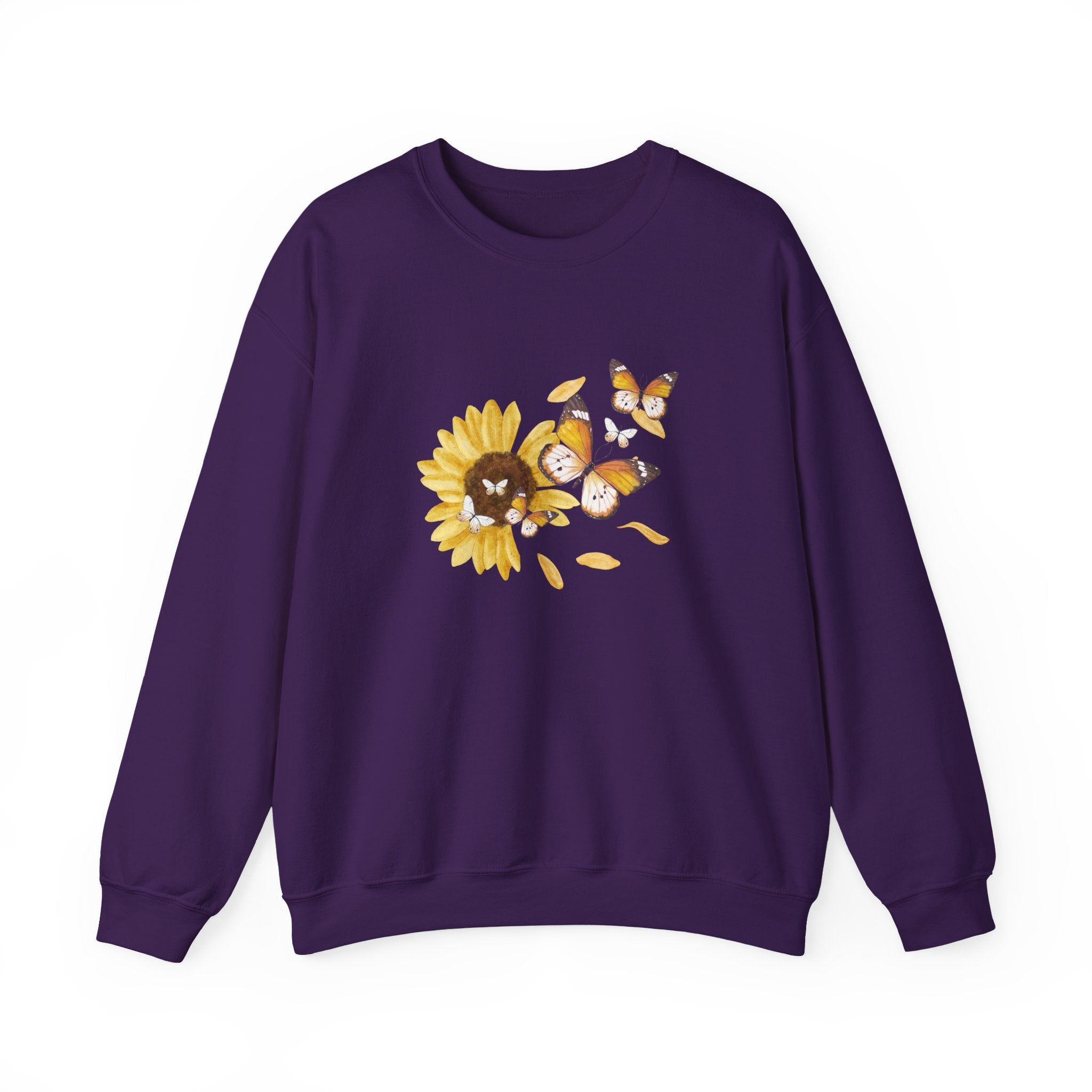 Purple sweatshirt with a sunflower and butterfly design on a white background