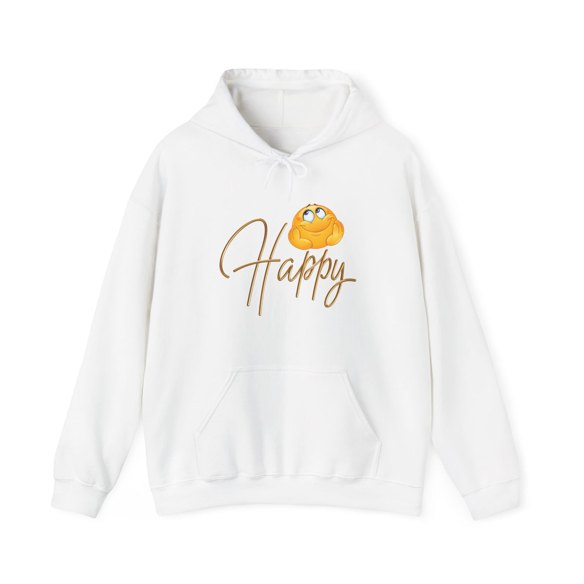 White hoodie with 'Happy' and a smiley face design on a white background