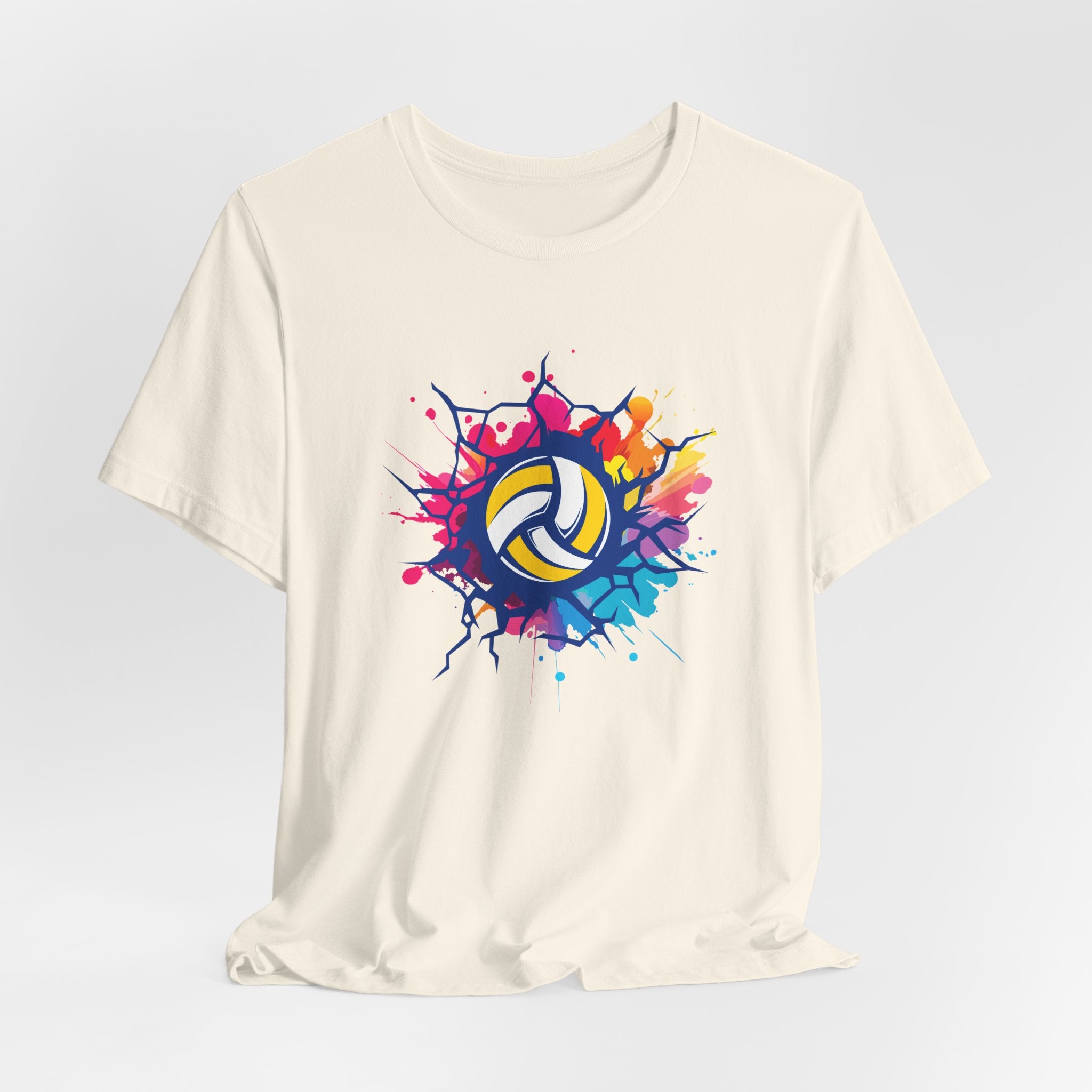 White t-shirt with colorful volleyball graphic on a light gray background