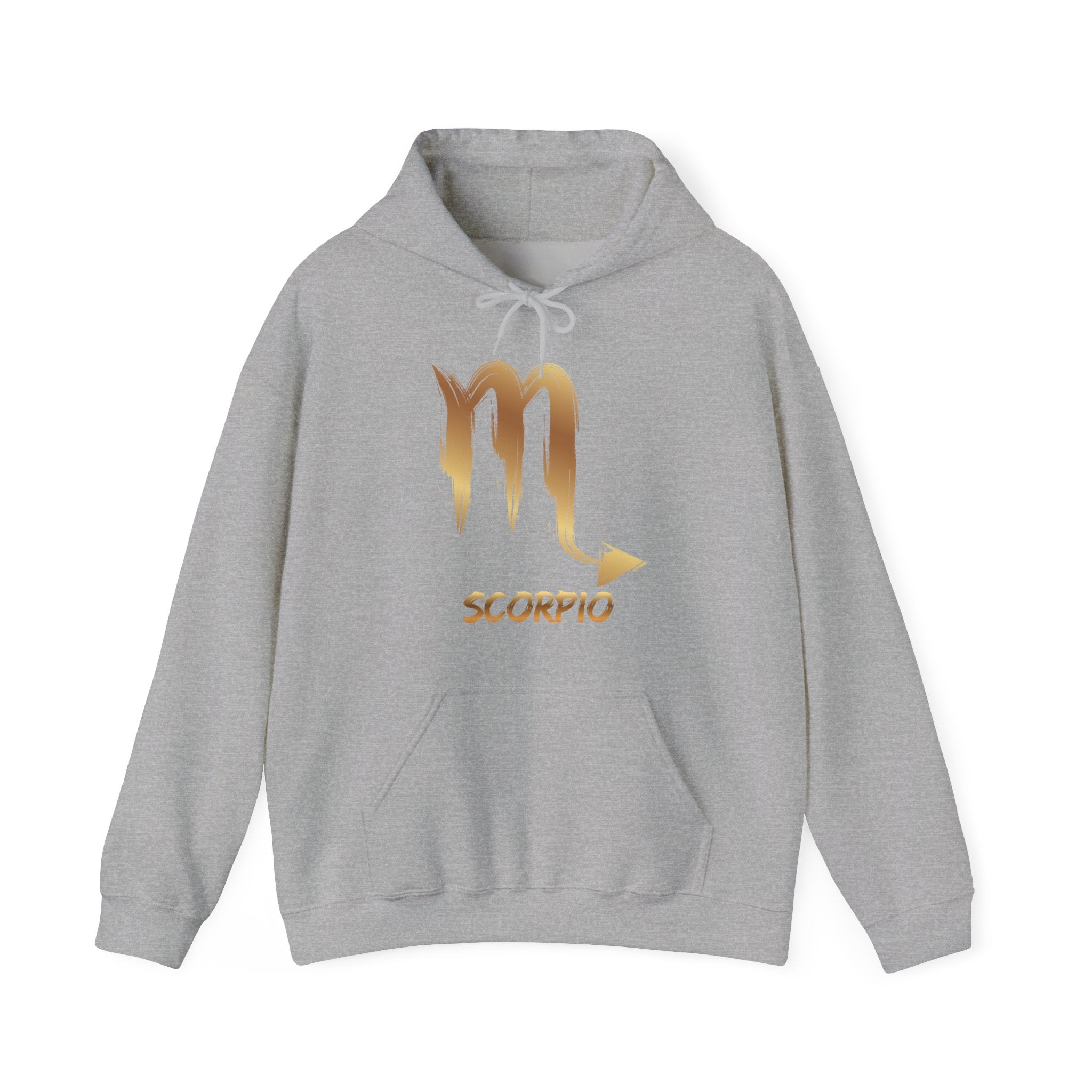 Gray hoodie with gold Scorpio symbol on a white background