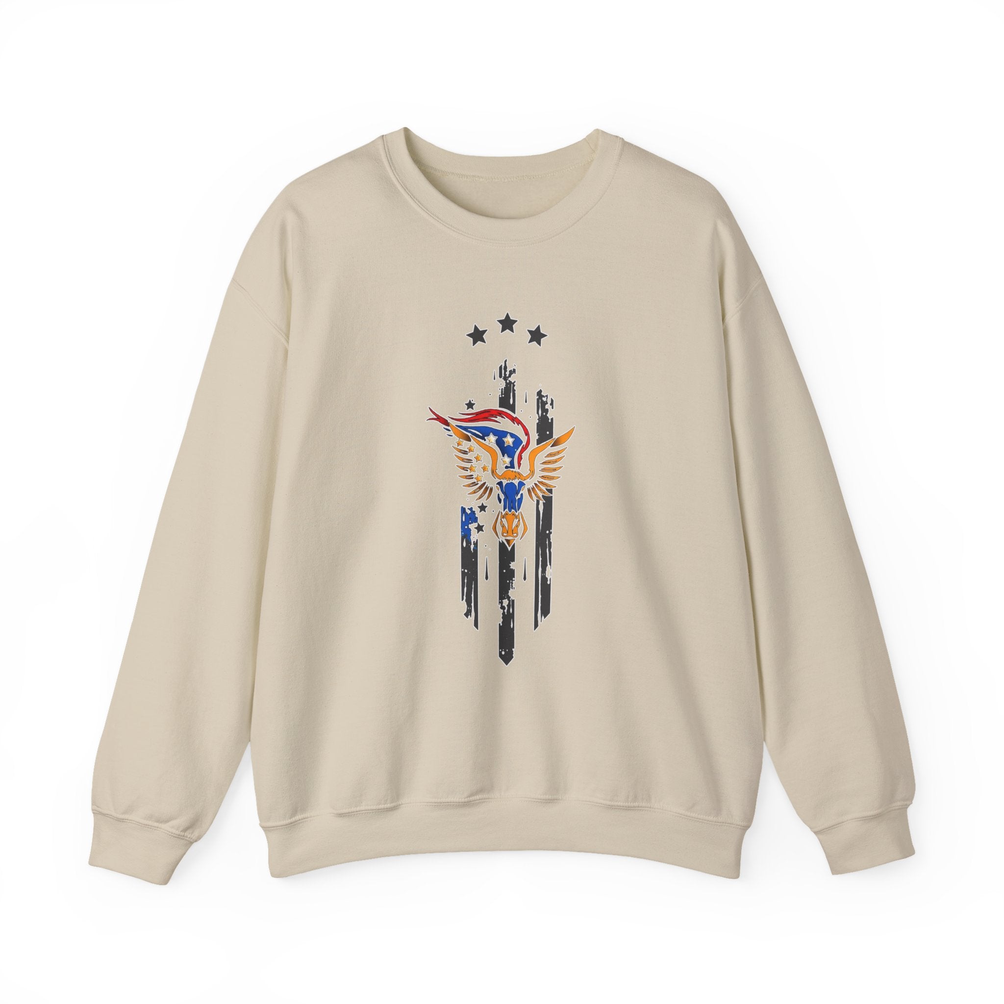 Beige sweatshirt with a colorful graphic design on a white background