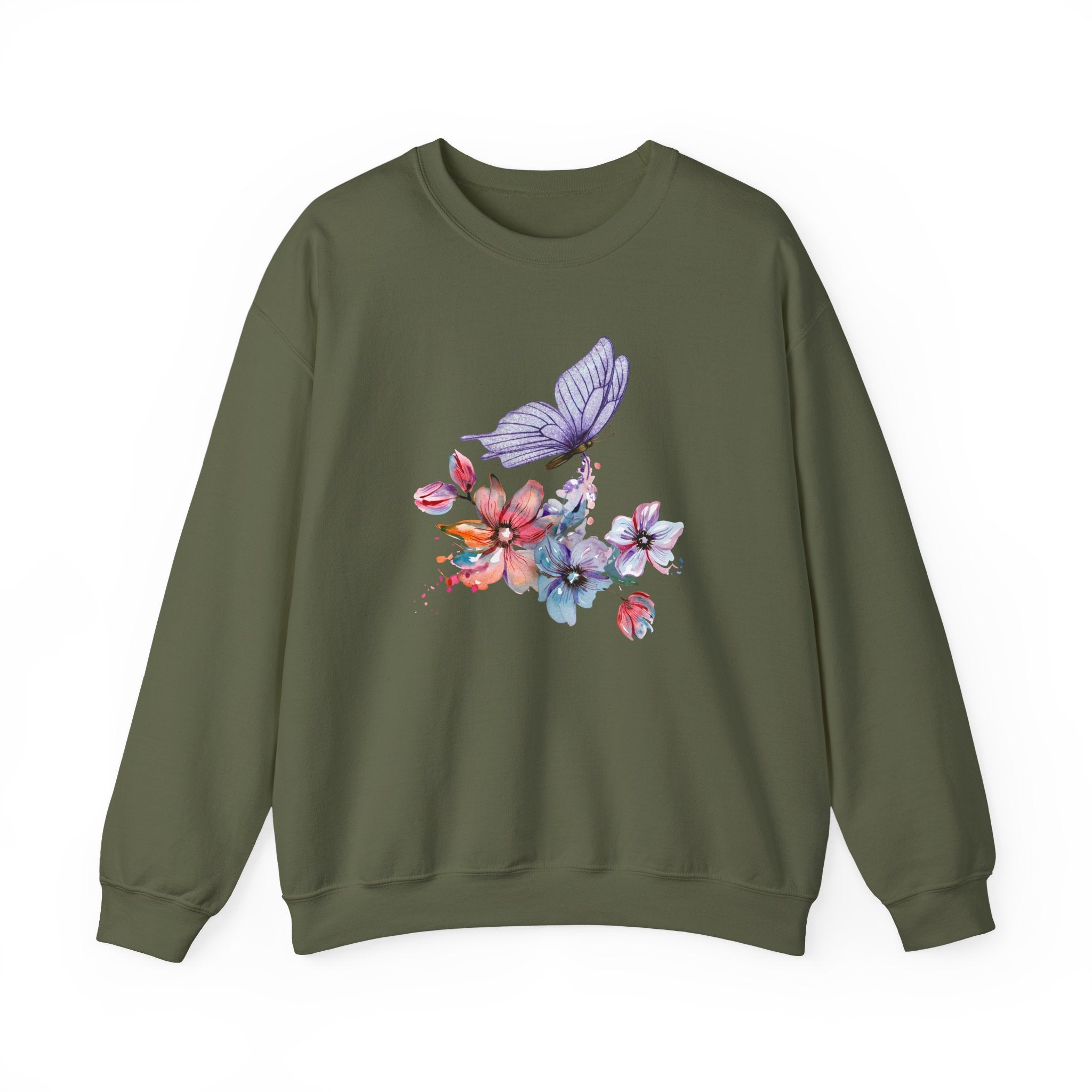 Green sweatshirt with a butterfly and floral design on a white background