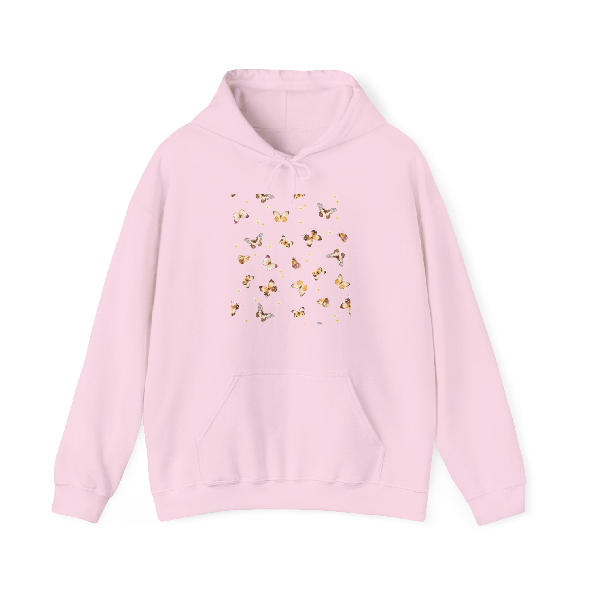 Pink hoodie with butterfly design on a white background