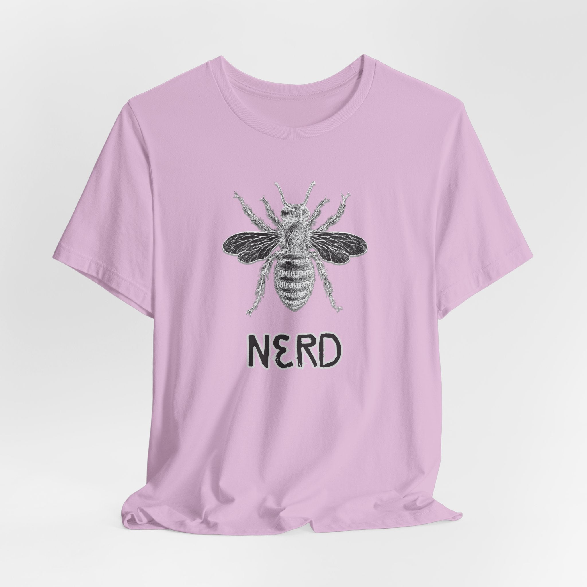 Lavender t-shirt with bee graphic and 'NERD' text on a white background