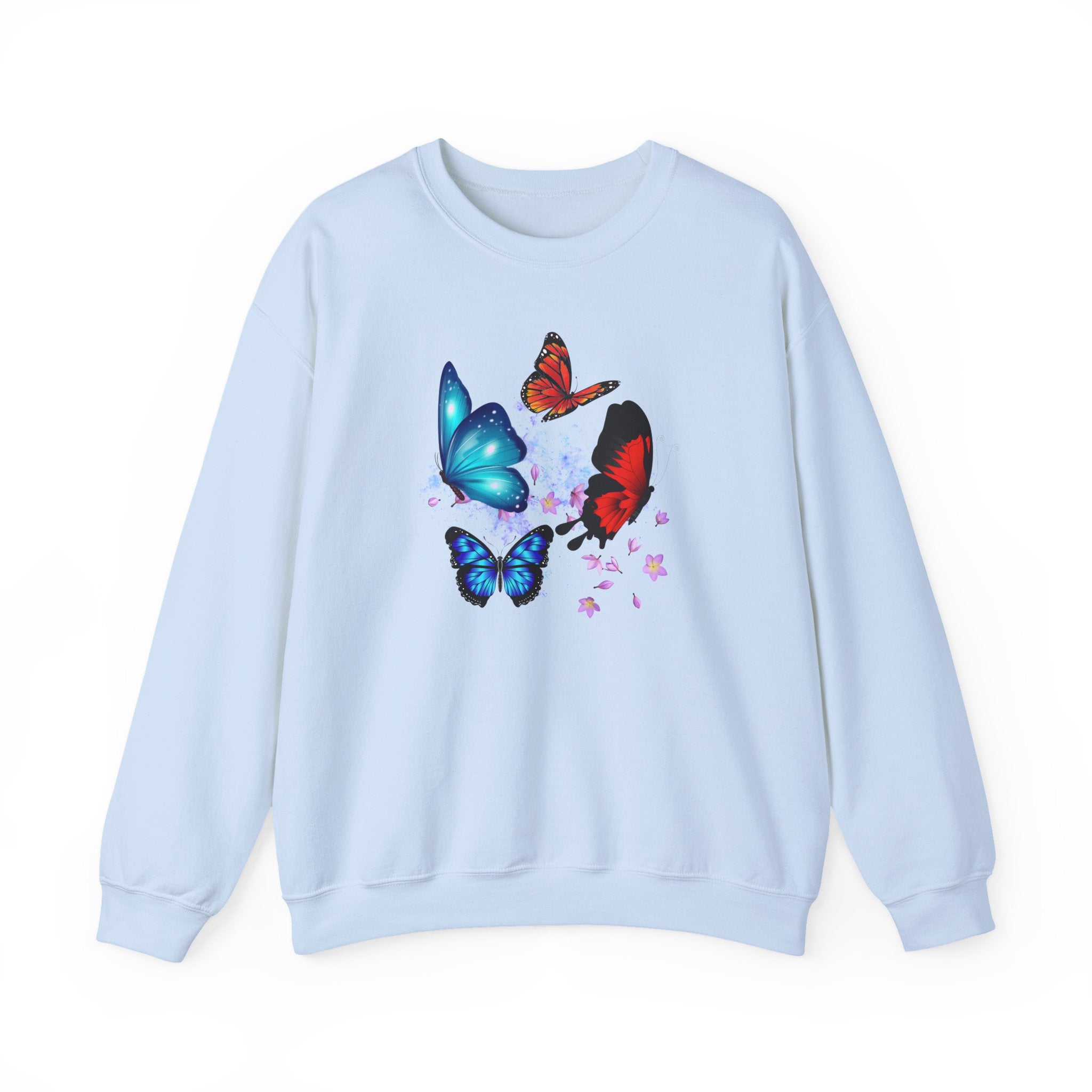 Light blue sweatshirt with colorful butterfly designs on a white background