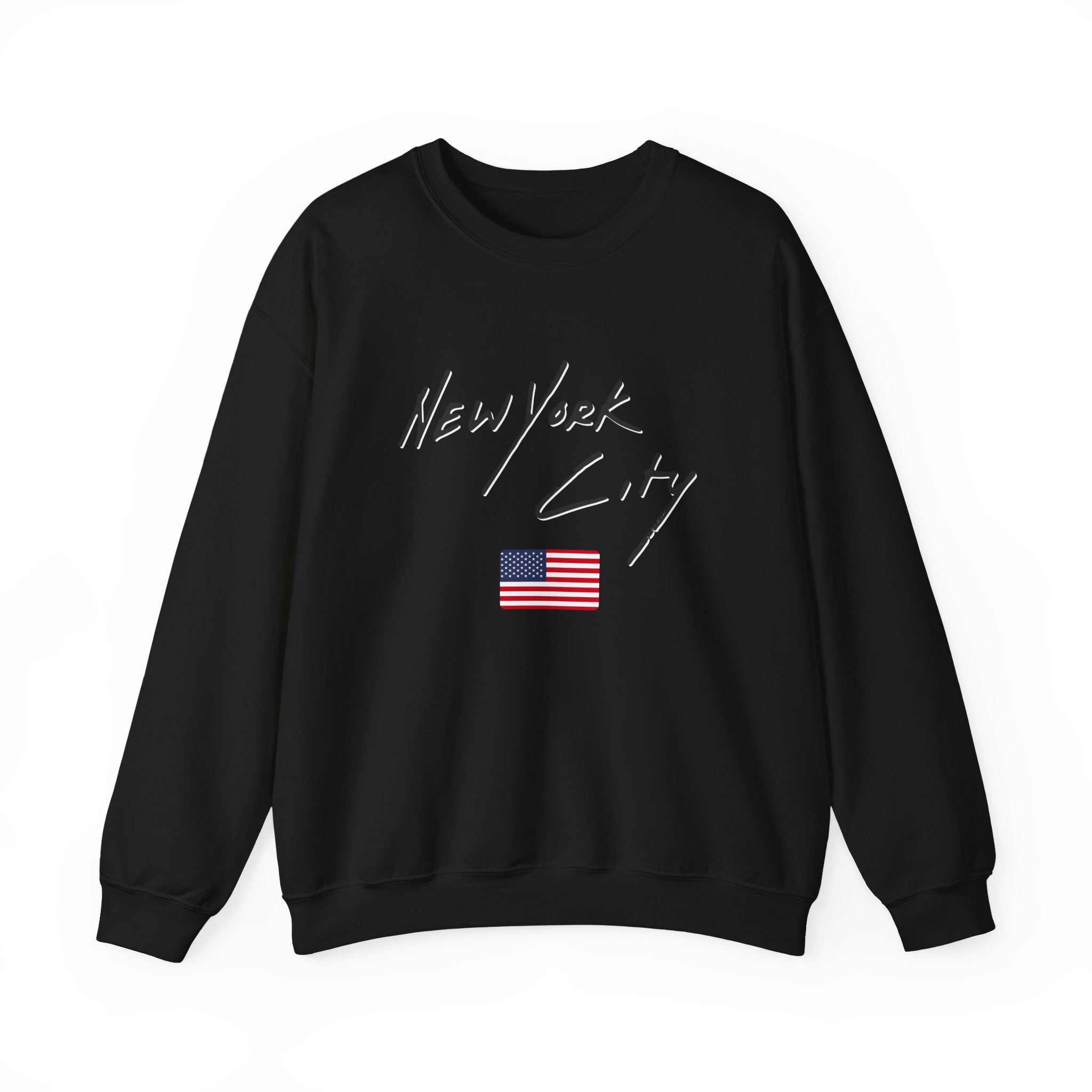 Black sweatshirt with 'New York City' text and American flag on a white background