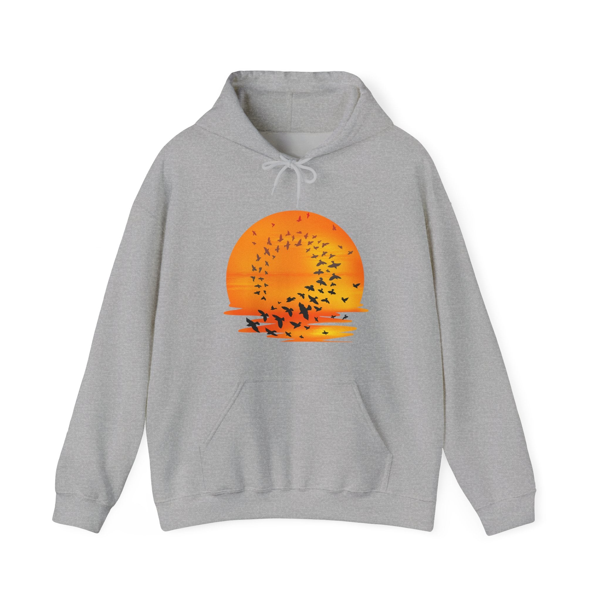 Gray hoodie with a sunset and bird design on a white background
