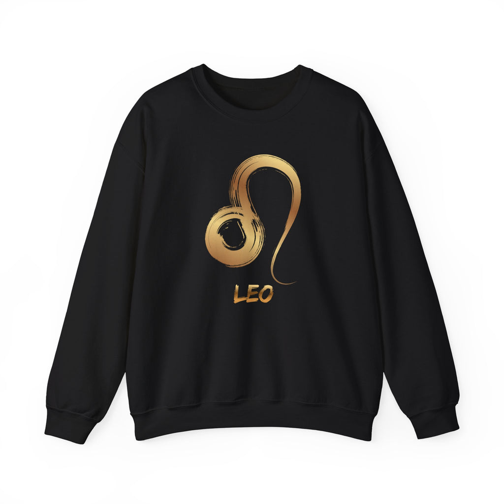Black sweatshirt with gold Leo zodiac symbol on a white background