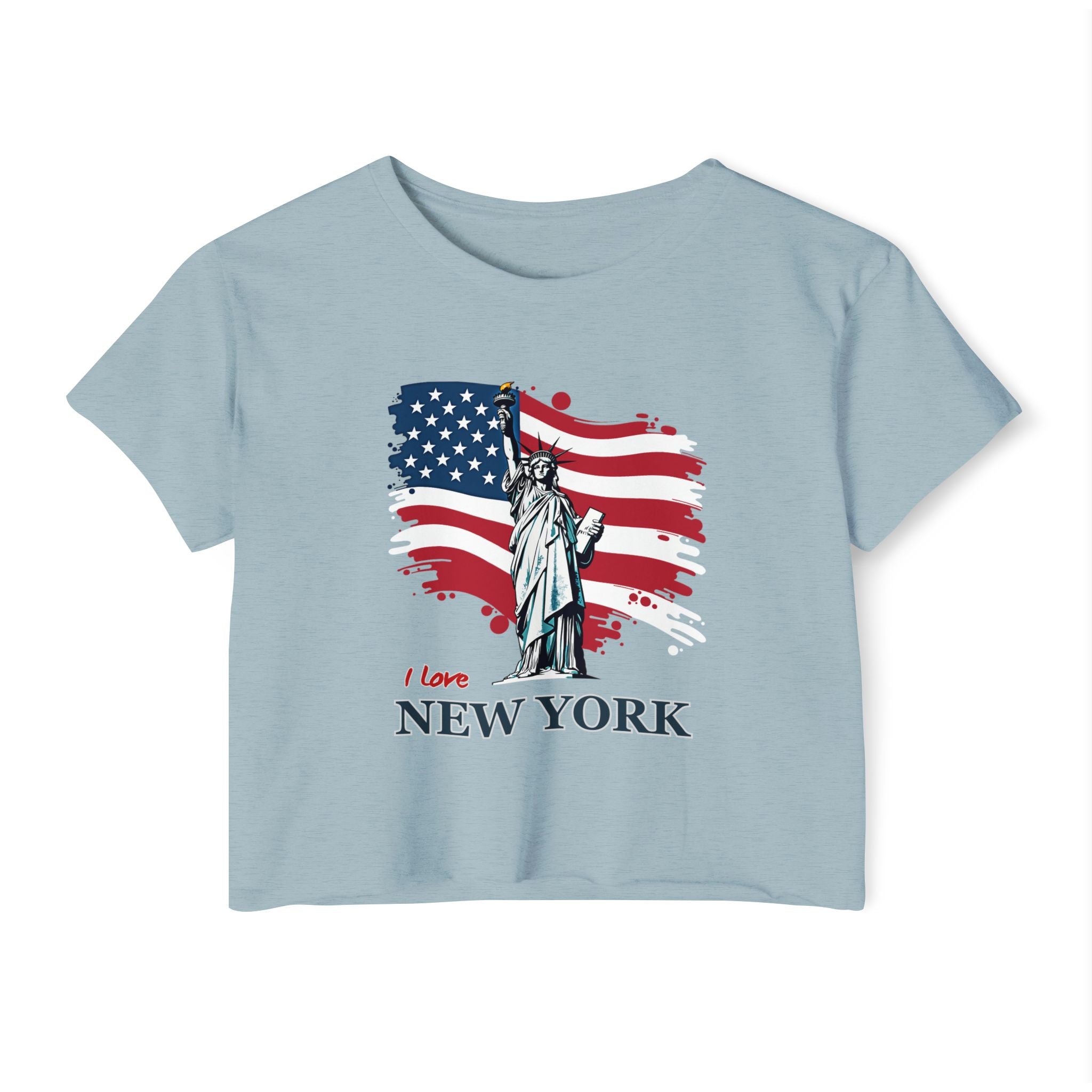 Light blue t-shirt with American flag and Statue of Liberty graphic on a white background