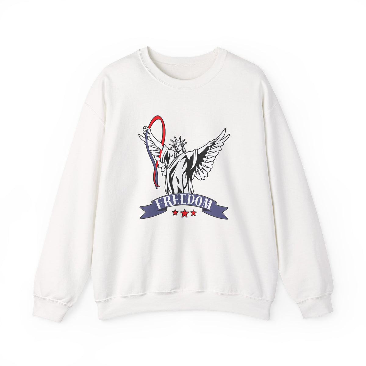 White sweatshirt with a graphic design of the Statue of Liberty and the word 'Freedom' on a white background.