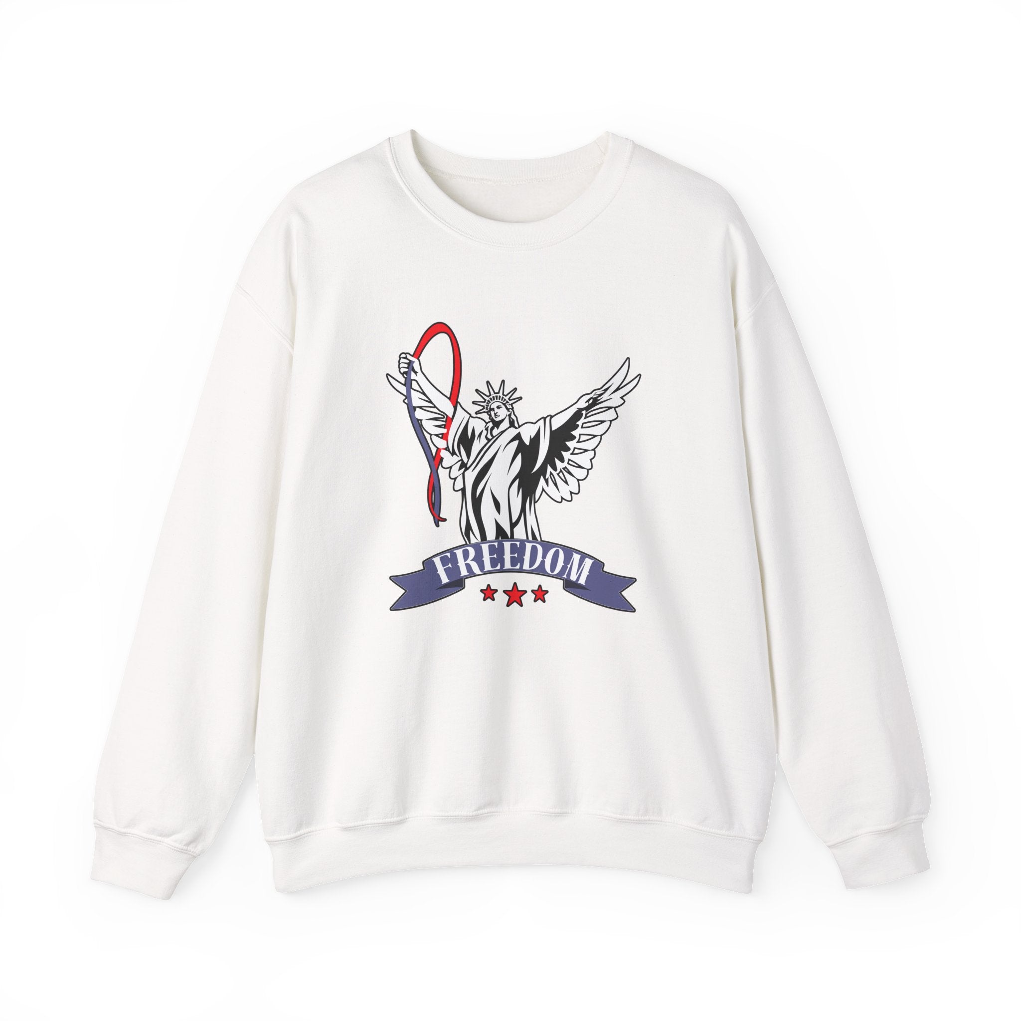 White sweatshirt with a graphic design of the Statue of Liberty and the word 'Freedom' on a white background.