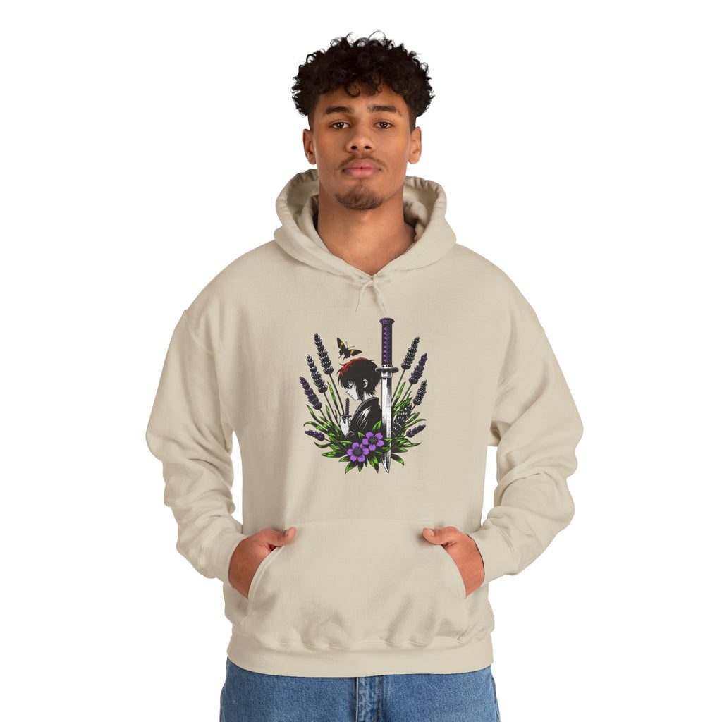 Person wearing a beige hoodie with a graphic design on a white background