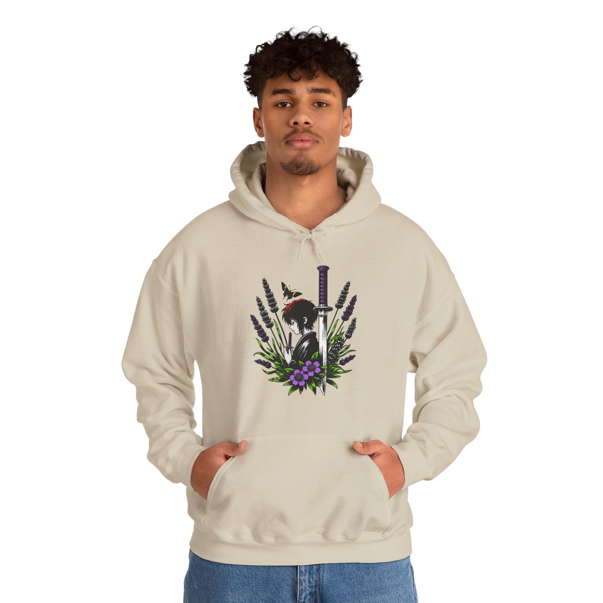 Person wearing a beige hoodie with a graphic design on a white background