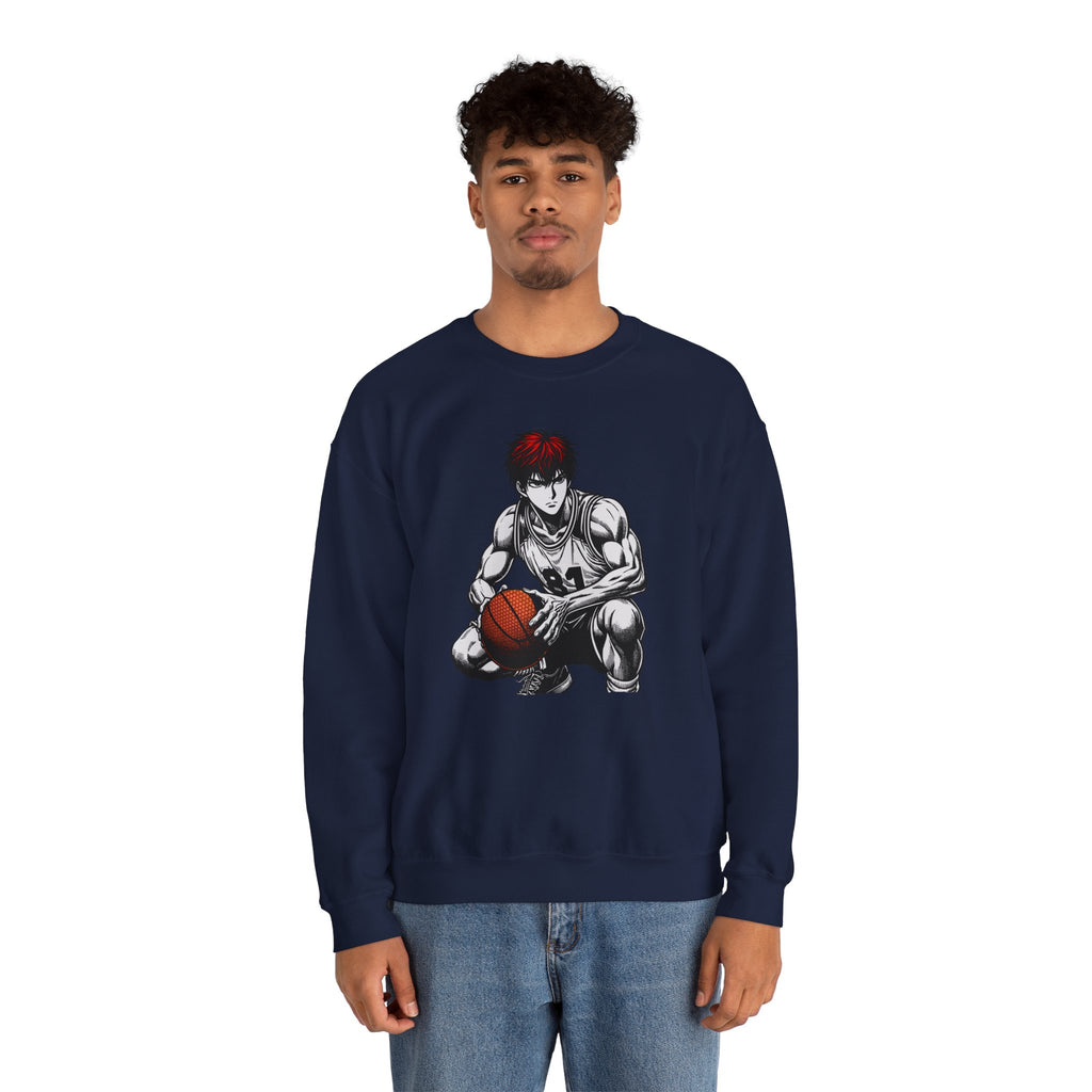 Person wearing a navy blue sweatshirt with an anime-style graphic of a character holding a basketball on a white background
