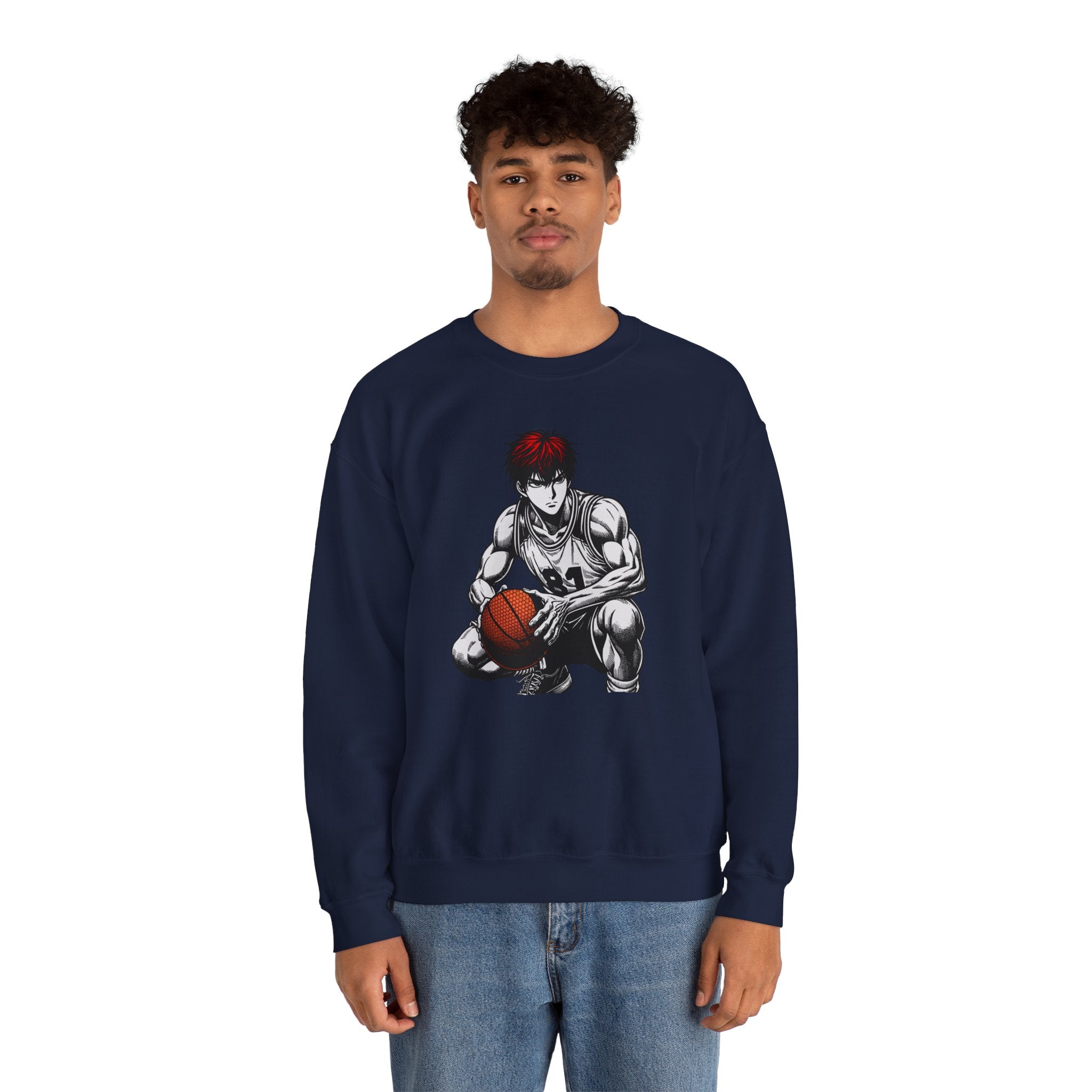 Person wearing a navy blue sweatshirt with an anime-style graphic of a character holding a basketball on a white background