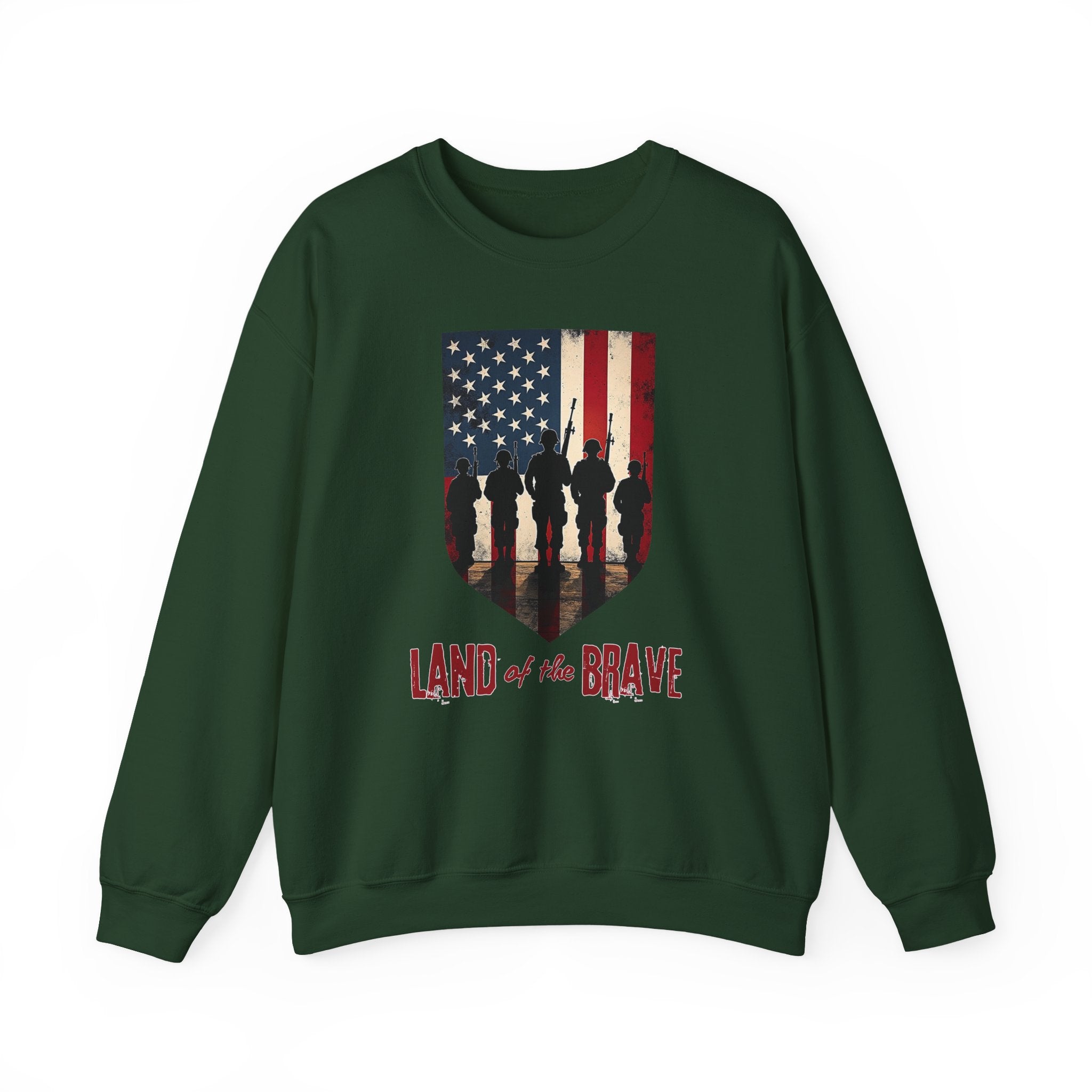 Green sweatshirt with American flag and silhouette design on a white background