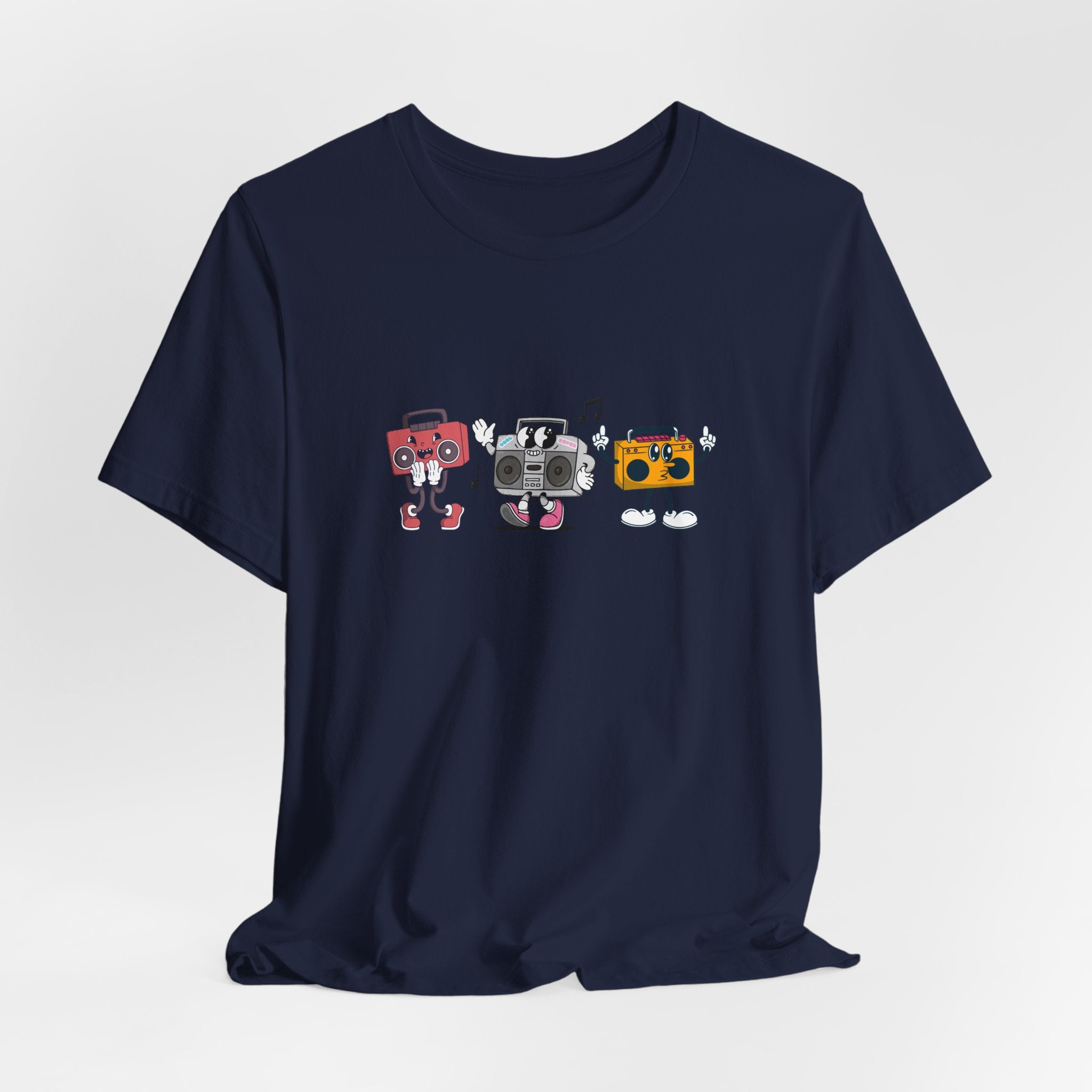 Navy blue t-shirt with cartoon-style radio devices on a white background