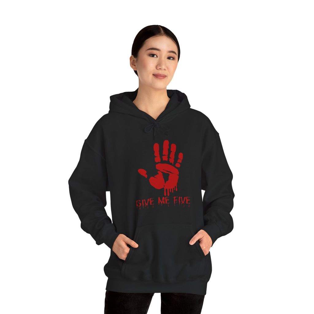 Person wearing a black hoodie with a red handprint design and text on a white background