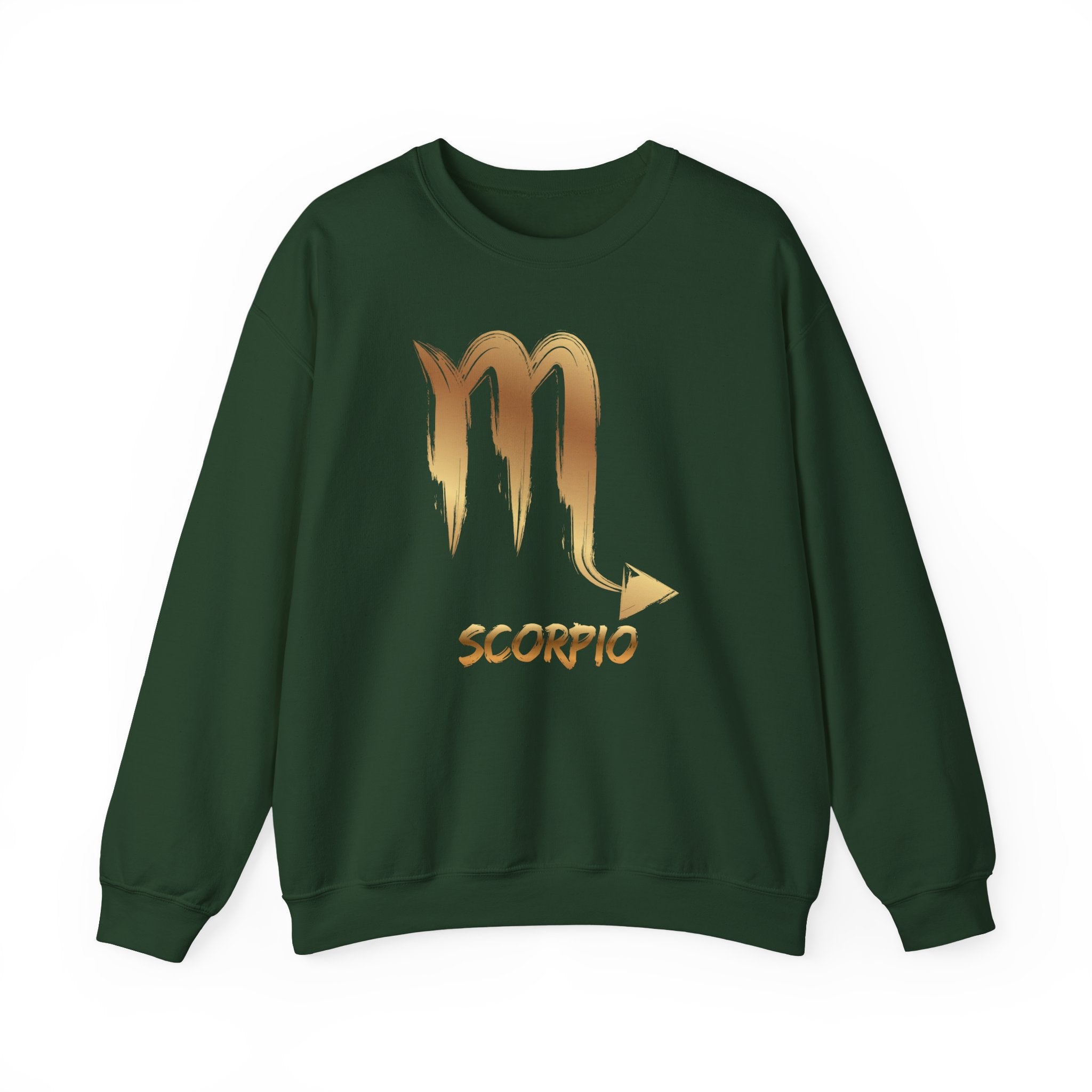 Green sweatshirt with Scorpio zodiac symbol in gold on a white background