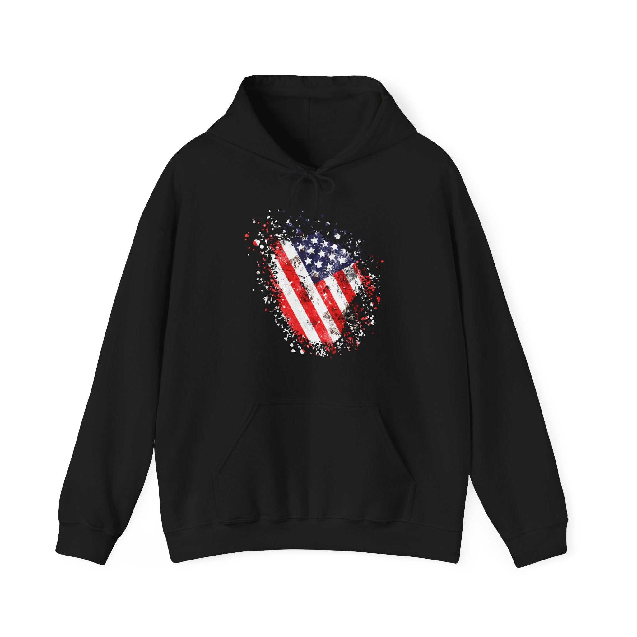 Black hoodie with vintage American flag design on a white background