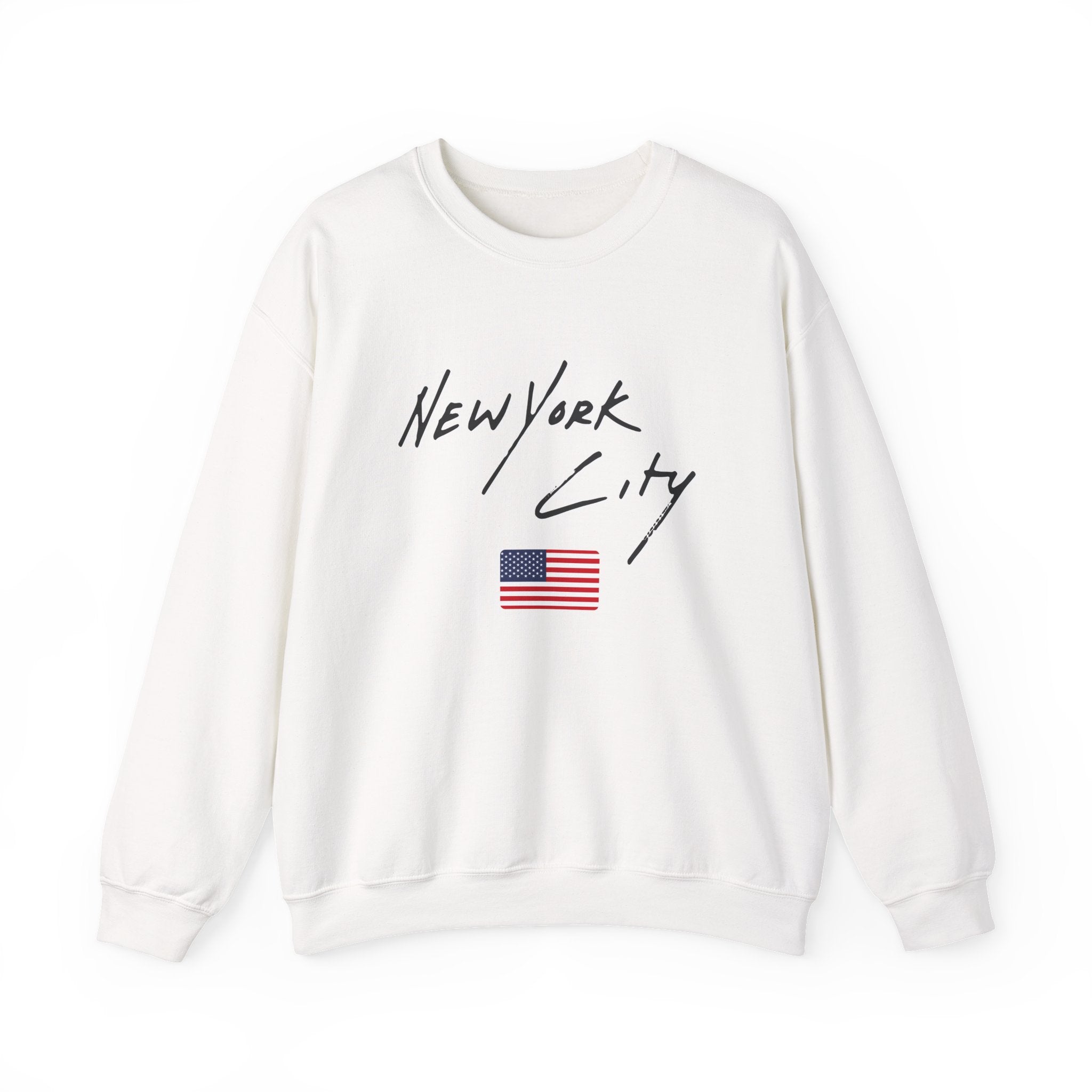 White sweatshirt with 'New York City' and American flag design on a white background