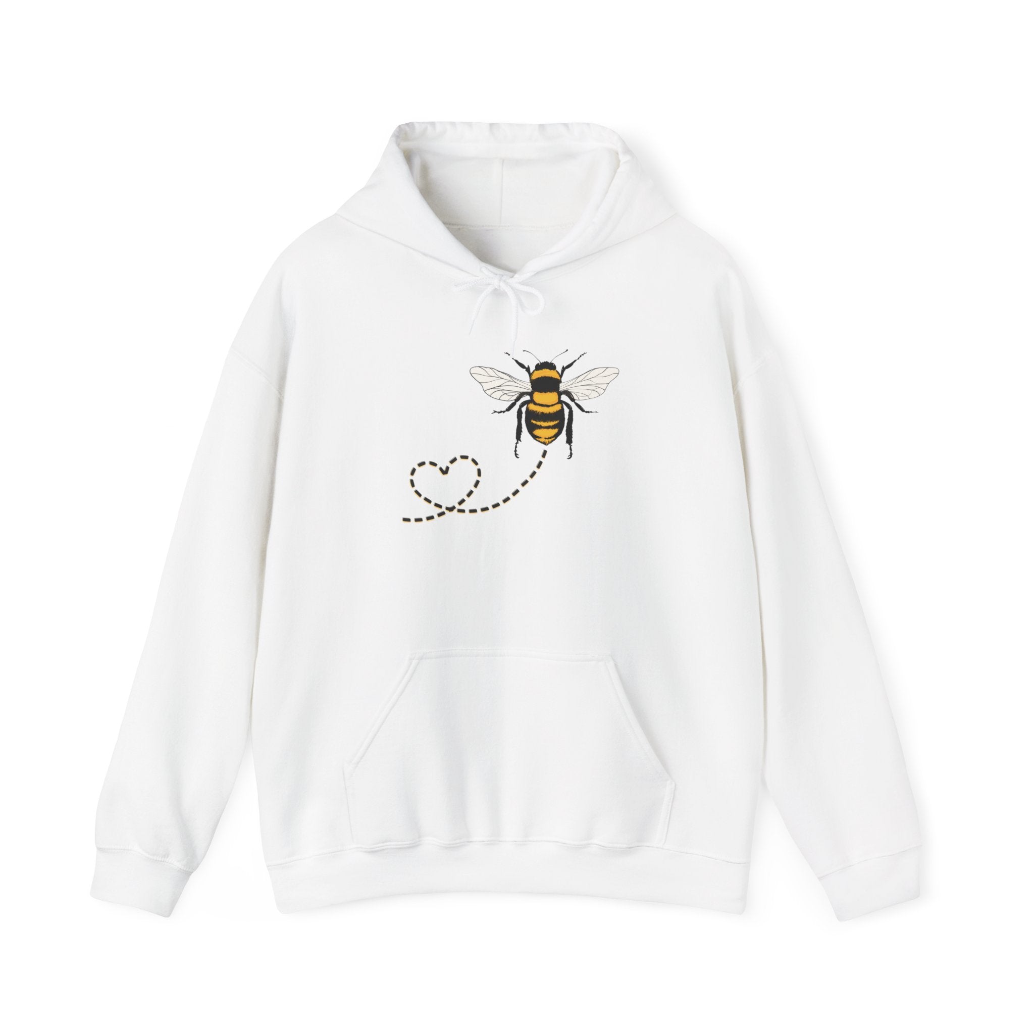 White hoodie with a bee and heart design on a white background