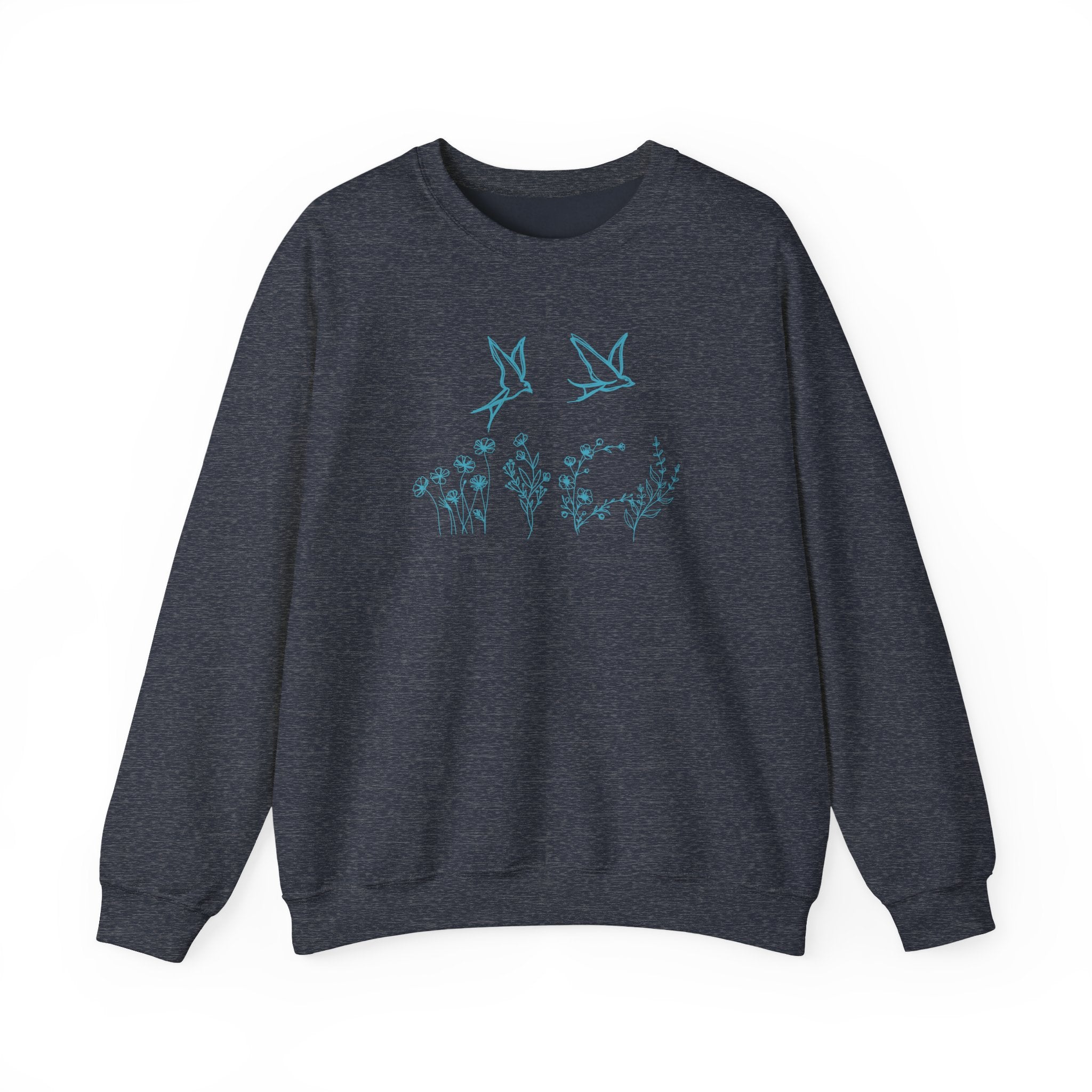 Dark gray sweatshirt with bird and flower graphics on a white background