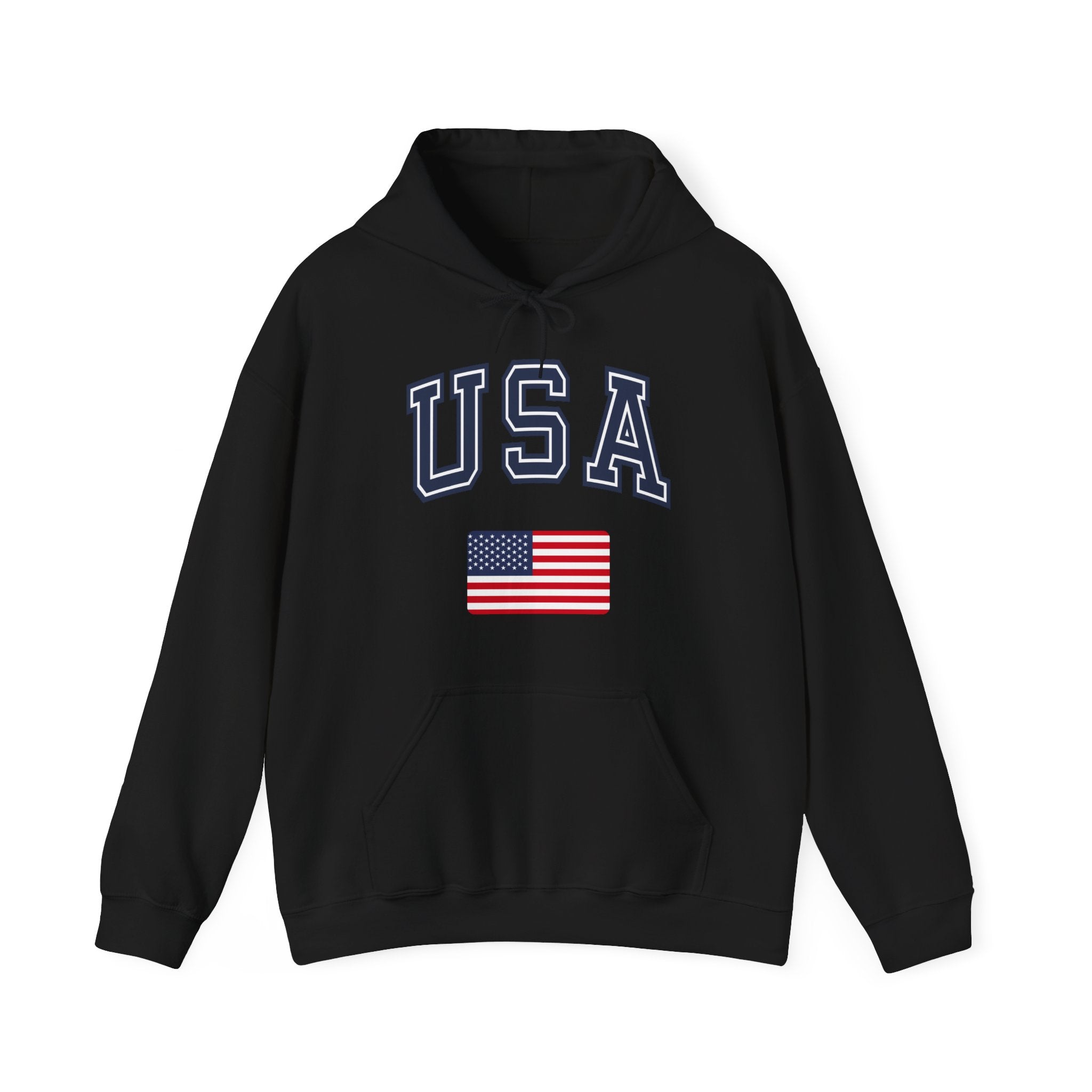 Black hoodie with USA text and flag on a white background