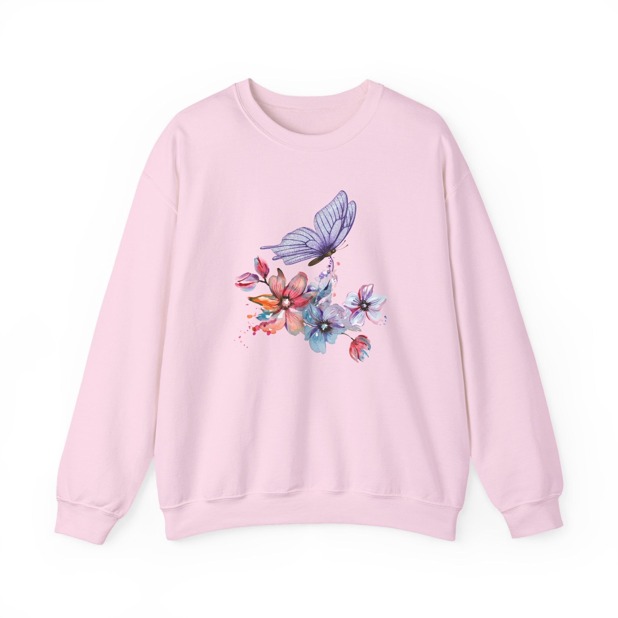 Pink sweatshirt with a floral and butterfly design on a white background