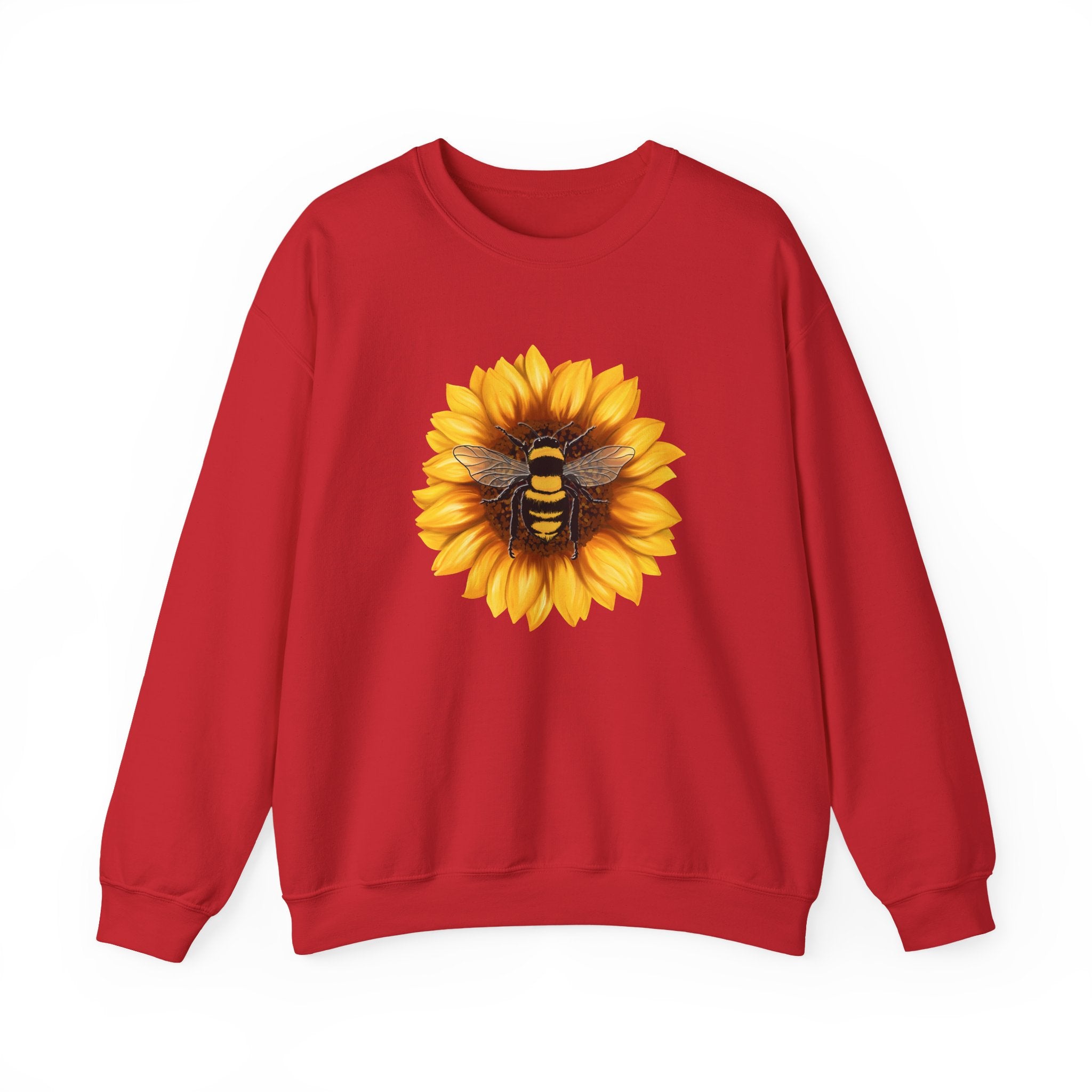 Red sweatshirt with a sunflower and bee design on a white background