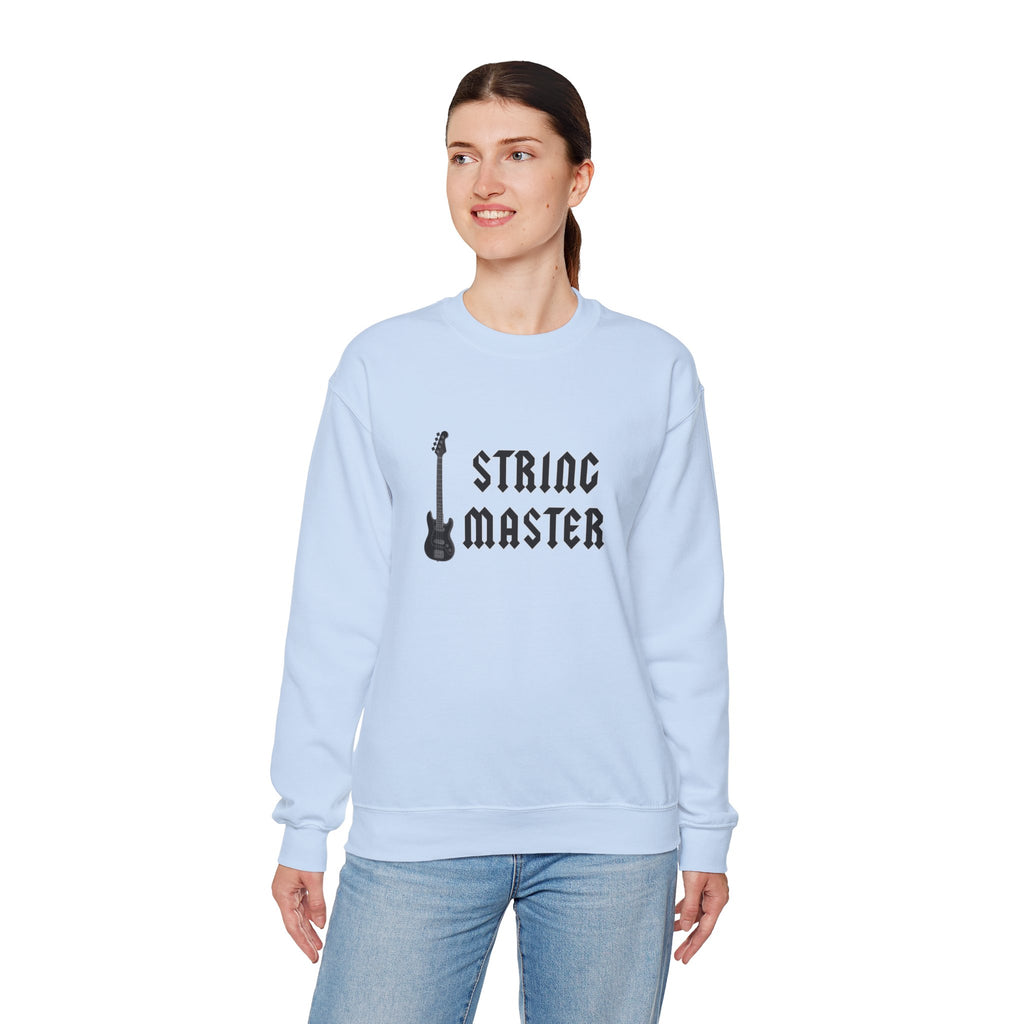 Woman wearing a light blue sweatshirt with 'String Master' text and guitar graphic on a white background