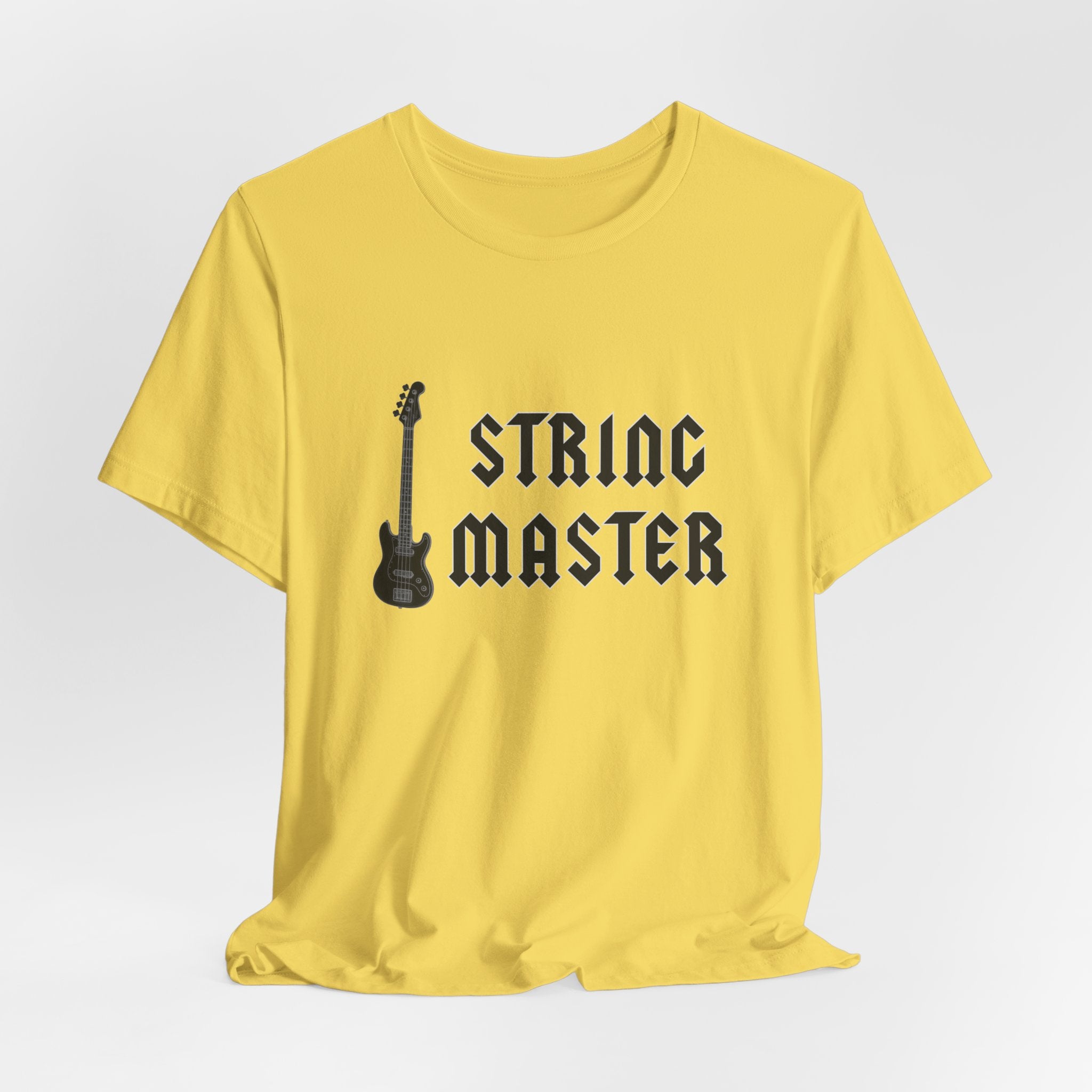 Yellow t-shirt with 'String Master' text and guitar graphic on a white background