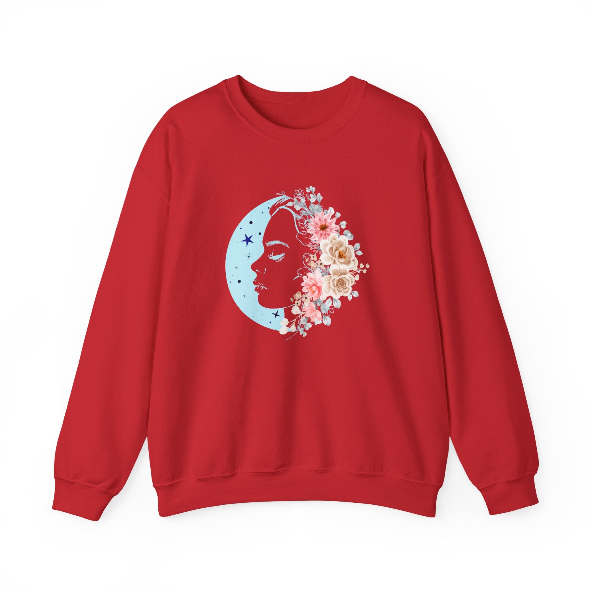 Red sweatshirt with a floral moon design on a white background
