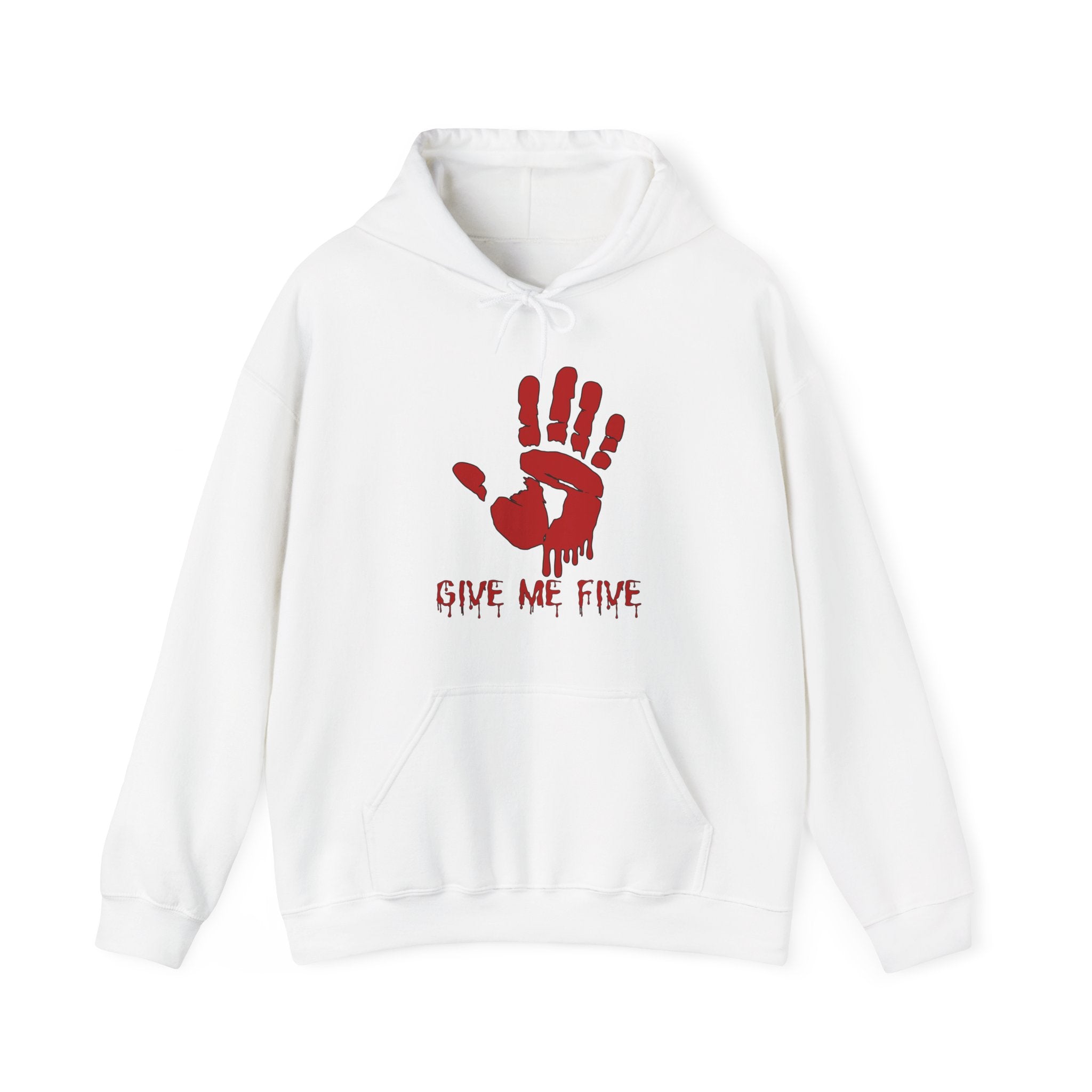 White hoodie with red handprint and 'Give Me Five' text on a white background
