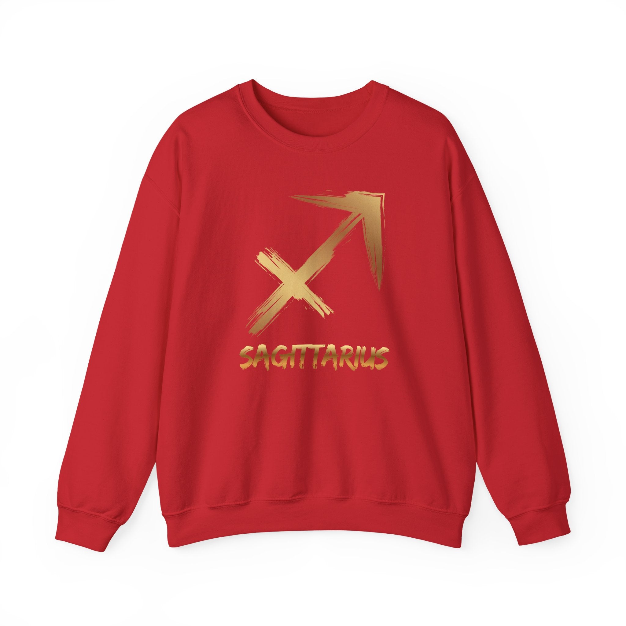Red sweatshirt with gold Sagittarius symbol on a white background