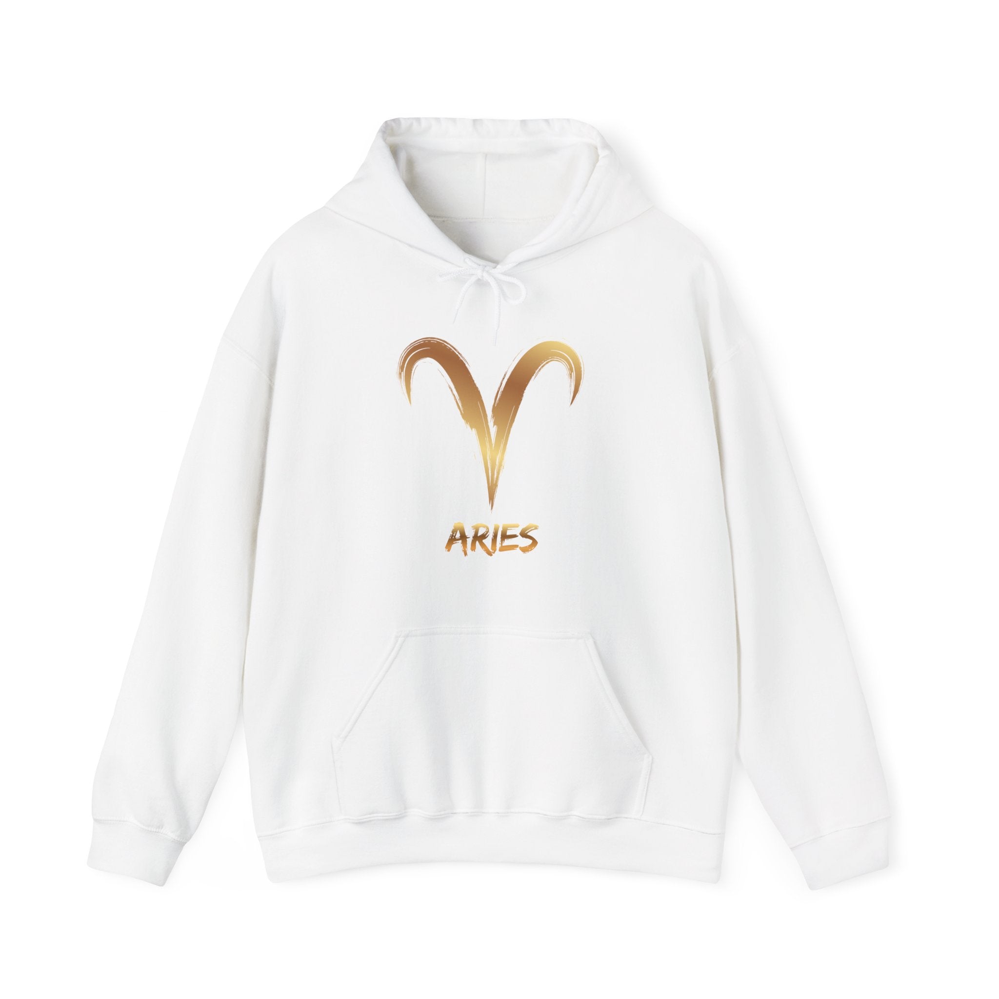 White hoodie with gold Aries symbol and text on a white background