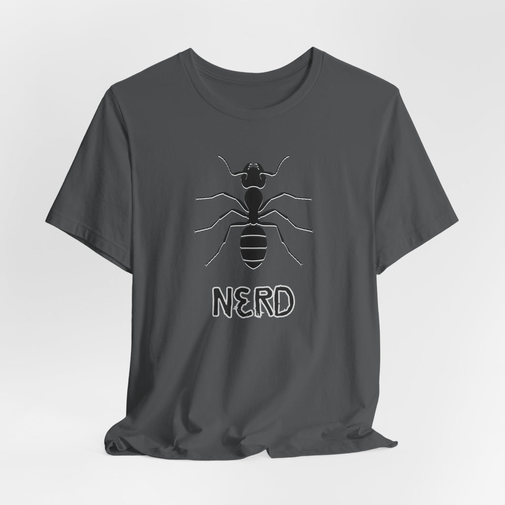 Gray t-shirt with an ant design and text nerd on a light gray background