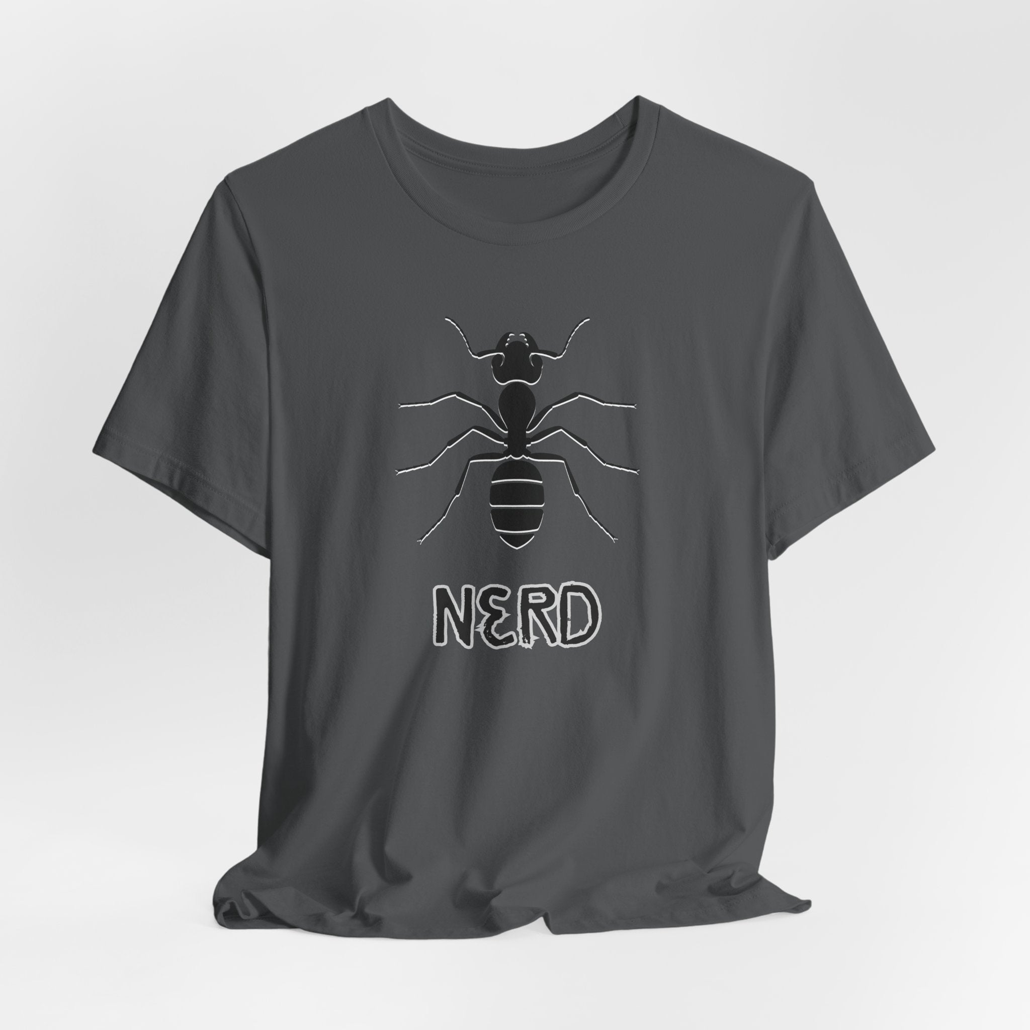 Gray t-shirt with an ant design and text nerd on a light gray background